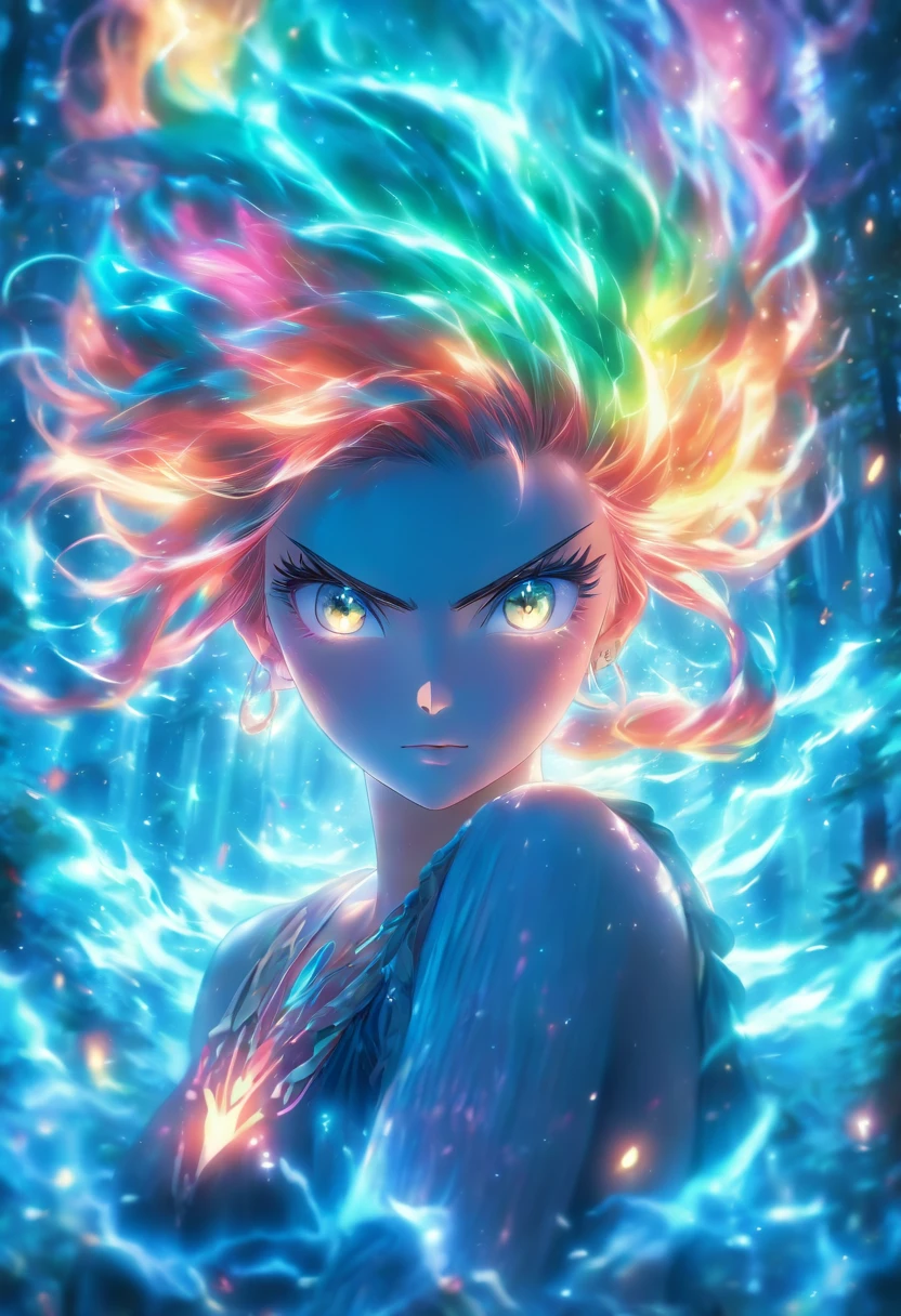(best quality,4k,8k,highres,masterpiece:1.2),ultra-detailed,(realistic,photorealistic,photo-realistic:1.37),female with glowing teal eyes,rainbow colored hair,casting glowing spells,mystical forest,illustration,enchanted atmosphere,vibrant colors,soft lighting