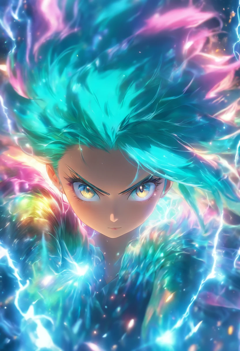 (best quality,4k,8k,highres,masterpiece:1.2),ultra-detailed,(realistic,photorealistic,photo-realistic:1.37),female with glowing teal eyes,rainbow colored hair,casting glowing spells,mystical forest,illustration,enchanted atmosphere,vibrant colors,soft lighting