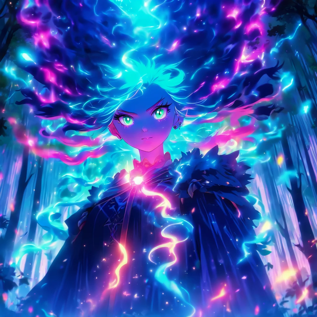 female with glowing teal eyes, rainbow colored hair casting glowing spells inside of a mystical forest