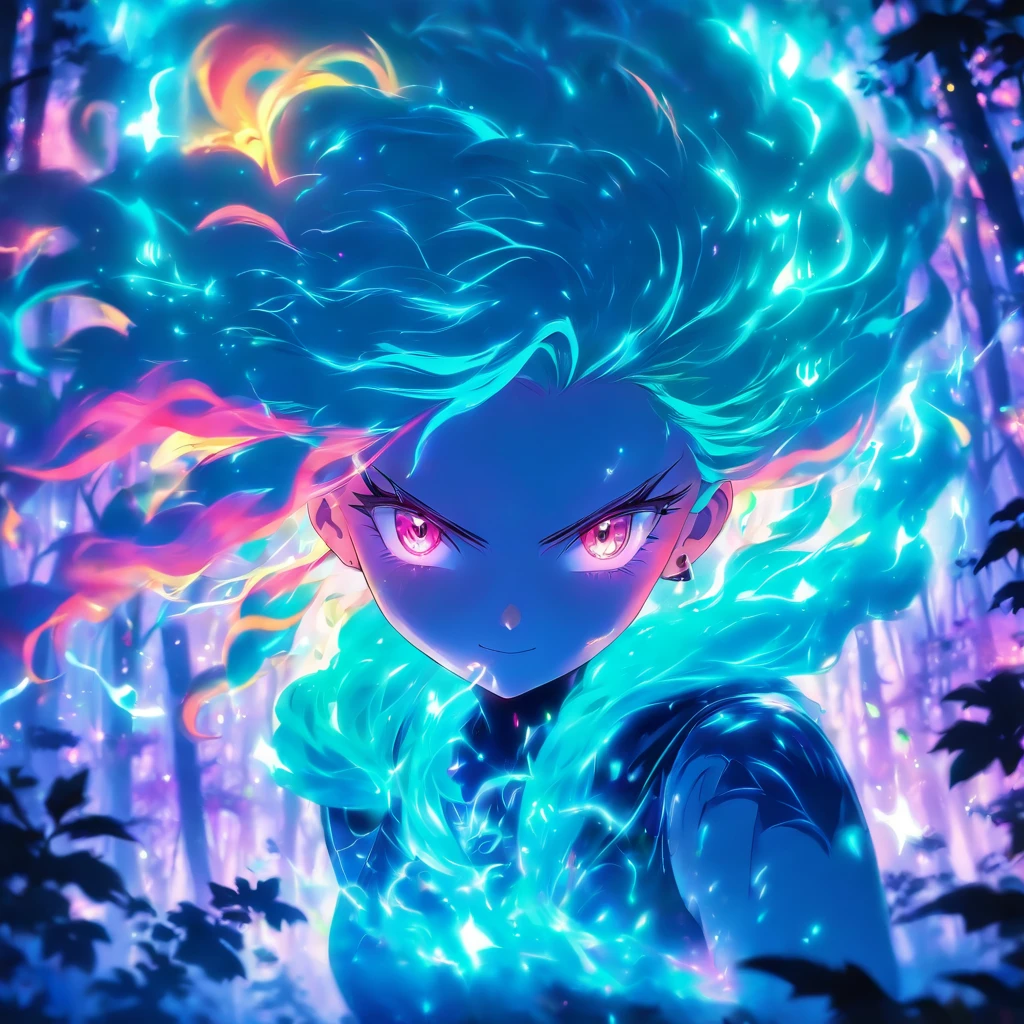 female with glowing teal eyes, rainbow colored hair casting glowing spells inside of a mystical forest