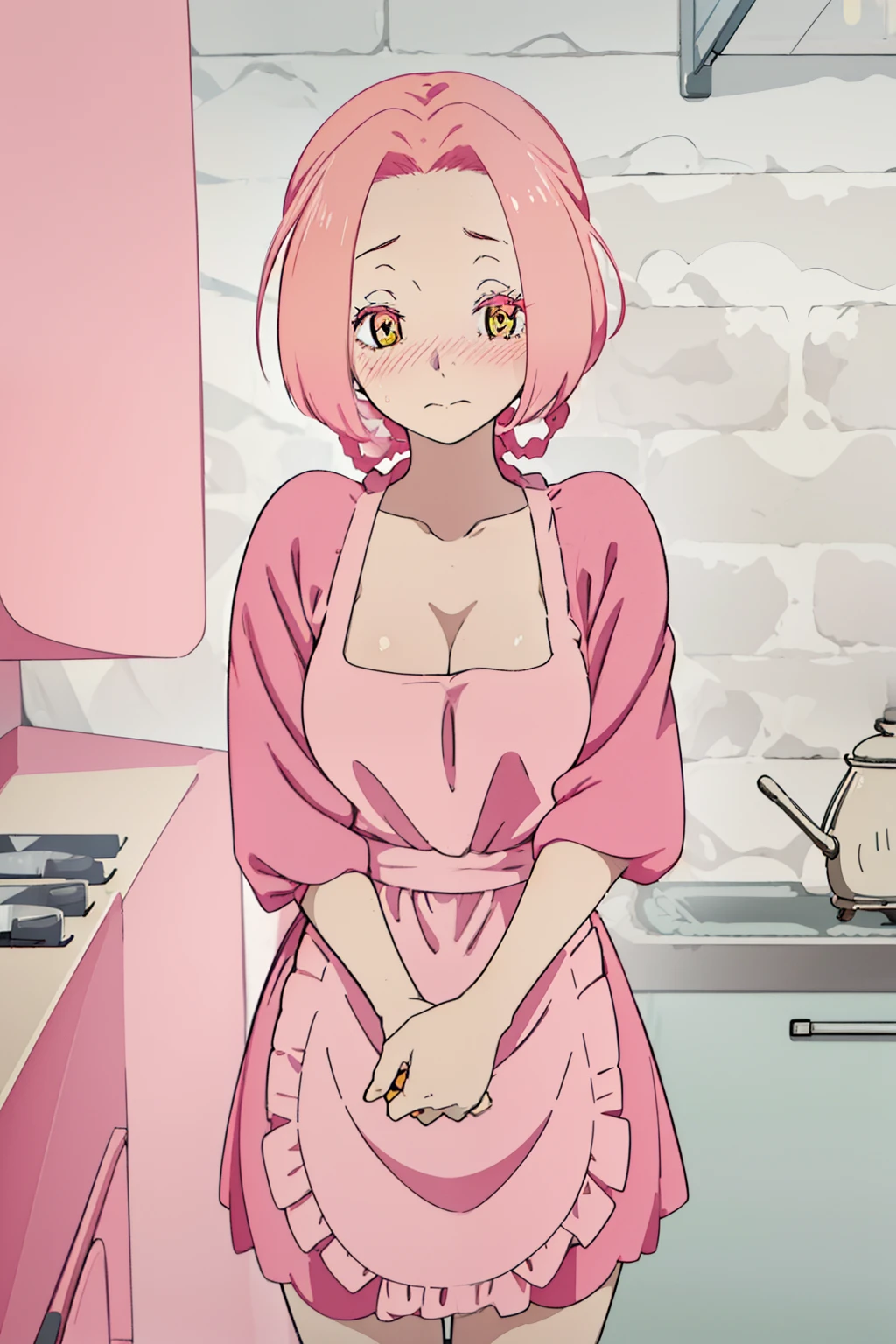 Mommy Masterpiece,maid costume, Short pink hair , yellow detailed sparkling eyes , embarrassed , blushing                                                                                          
  (Best quality:1.3),mini breasts, naked, apron, cleavage, (pov, close shot), standing, kitchen background, blushing:1.2.