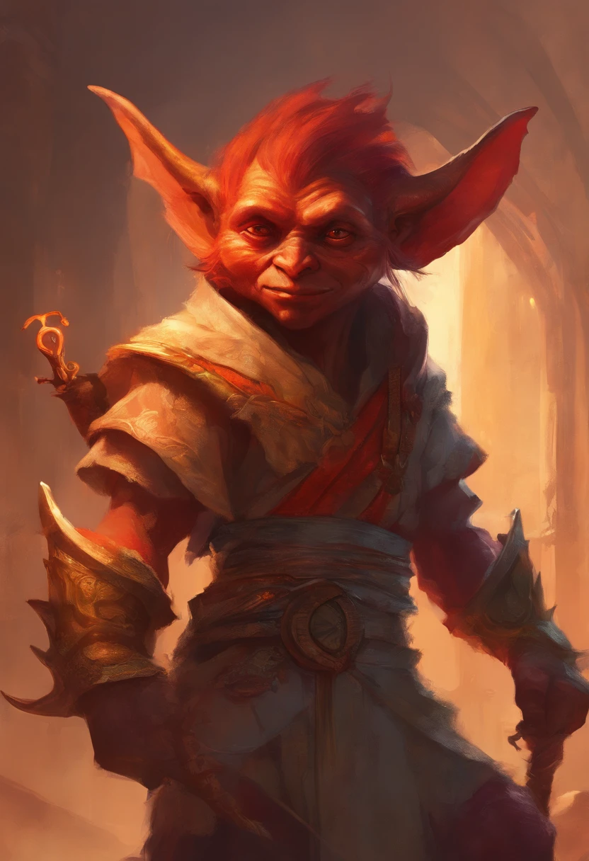 A red-skinned goblin (inspected from the red-skinned Japanese Oni demon). The elf is dressed in a toga made of furry orange fur. the skin is orange in color with black dots and thin stripes and a round patch on the skin. The atmosphere is one of magic and romance and mystery. In the background gol. realistic image, perfect quality, high definition. the goblin is being hit, pierced, impaled, by a beam of white light coming from above.