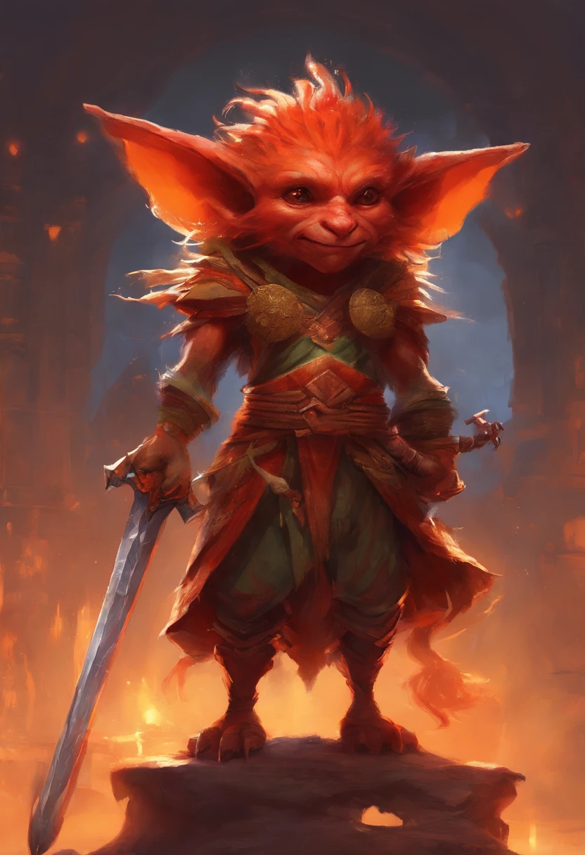 A red-skinned short goblin (inspected from the red-skinned Japanese Oni demon). The goblin is dressed in a toga made of furry orange fur. the skin is orange in color with black dots and thin stripes and a round patch on the skin. The atmosphere is one of magic and romance and mystery. In the background the universe. realistic image, perfect quality, high definition. The background is a mountain of gold
