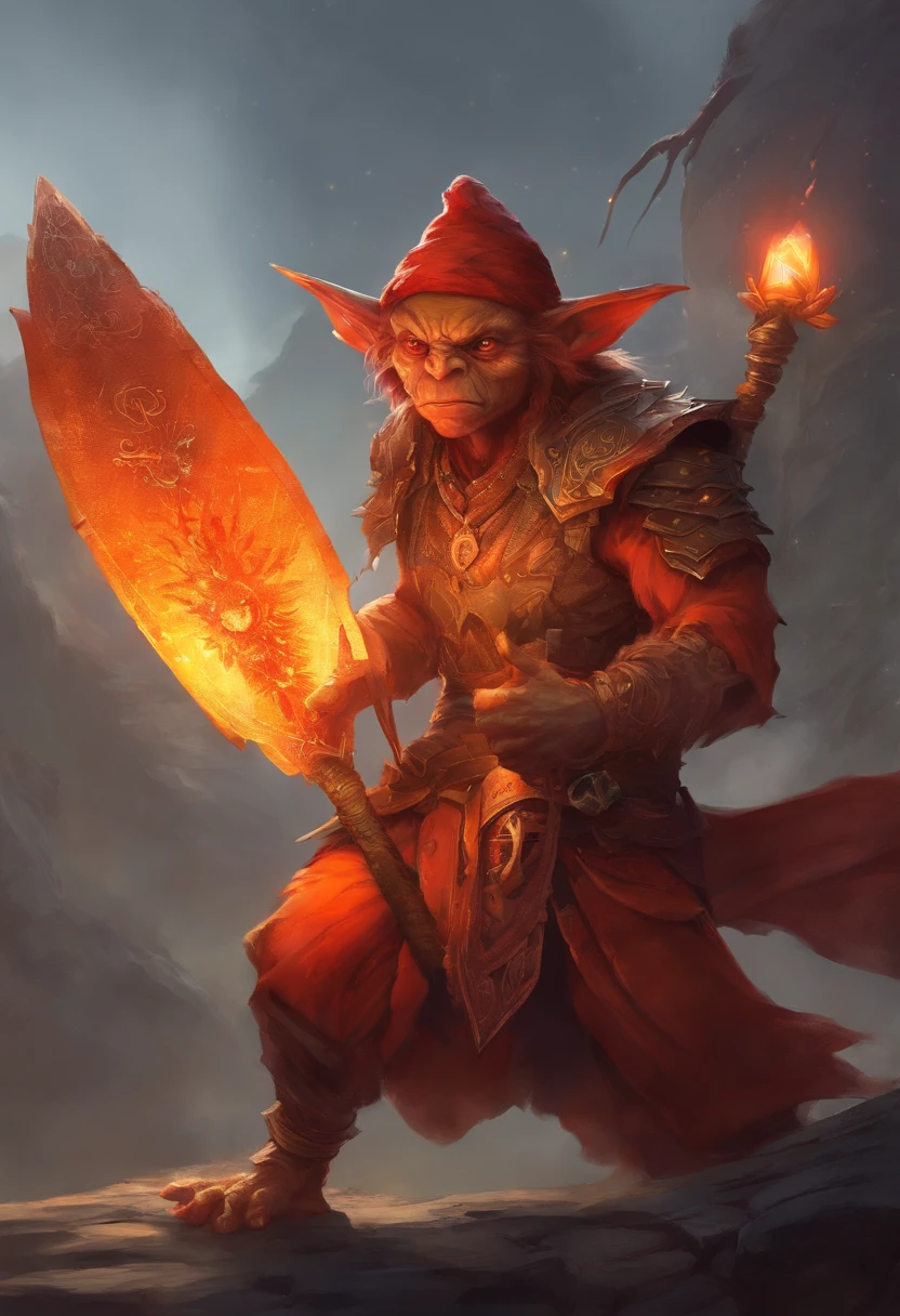 A red-skinned goblin (inspected from the red-skinned Japanese Oni demon). The elf is dressed in a toga made of furry orange fur. the skin is orange in color with black dots and thin stripes and a round patch on the skin. The atmosphere is one of magic and romance and mystery. In the background gol. realistic image, perfect quality, high definition. the goblin is being hit, pierced, impaled, by a beam of white light coming from above.