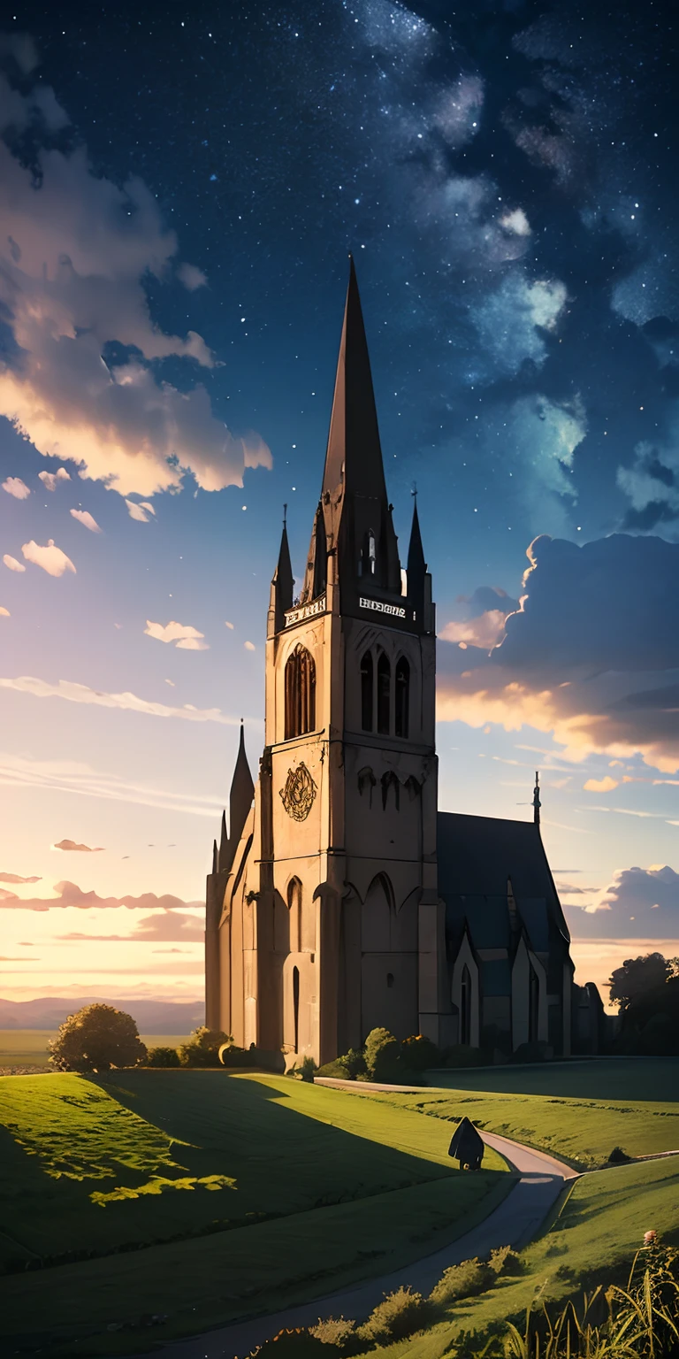 Vast landscape photos、The borders of Old Europe in the Middle Ages 100 years ago、Looking up from below the church、 girl、The starry sky is beautiful、large clouds visible