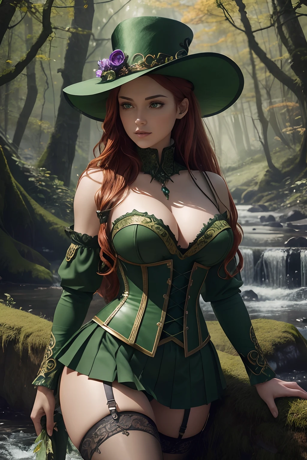 Masterpiece, high details, best quality, 8k, [ultra detailed], masterpiece, best quality, (extremely detailed), dynamic angle, ultra wide shot, RAW, photorealistic, fantasy art, dnd art, rpg art, realistic art, a wide angle picture of a female fairie ranger and her pet fox,  [[anatomically correct]]. dynamic position (1.5 intricate details, Masterpiece, best quality) talking to a fox, red fox, fantasy style, smoothlight (1.6 intricate details, Masterpiece, best quality) in forest (1.5 intricate details, Masterpiece, best quality), a female wearing (modest medium length dark green skirt with corset top) with thigh high green stockings and hat (1.4 intricate details, Masterpiece, best quality), thick hair, long hair, auburn red hair, fair skin intense (brown) eyes, forest background (intense details), a stream flowing in the backgraound (1.4 intricate details, Masterpiece, best quality), dawn light, clouds (1.4 intricate details, Masterpiece, best quality), dynamic angle, (1.4 intricate details, Masterpiece, best quality) 3D rendering, high details, best quality, highres, ultra wide angle, celtic fantasy, clover, poison ivy, fae, goddess of mischief, green magic, (wearing green tophat), pixie, fairy, celtic, Autumn, beautiful autumn spirit, fall season, Dark colored roses, perfect creation, perfect art, highly detailed, detailed art, masterpiece, perfect creation, perfect art, (outlined iris), (perfect eyes), (full figure),