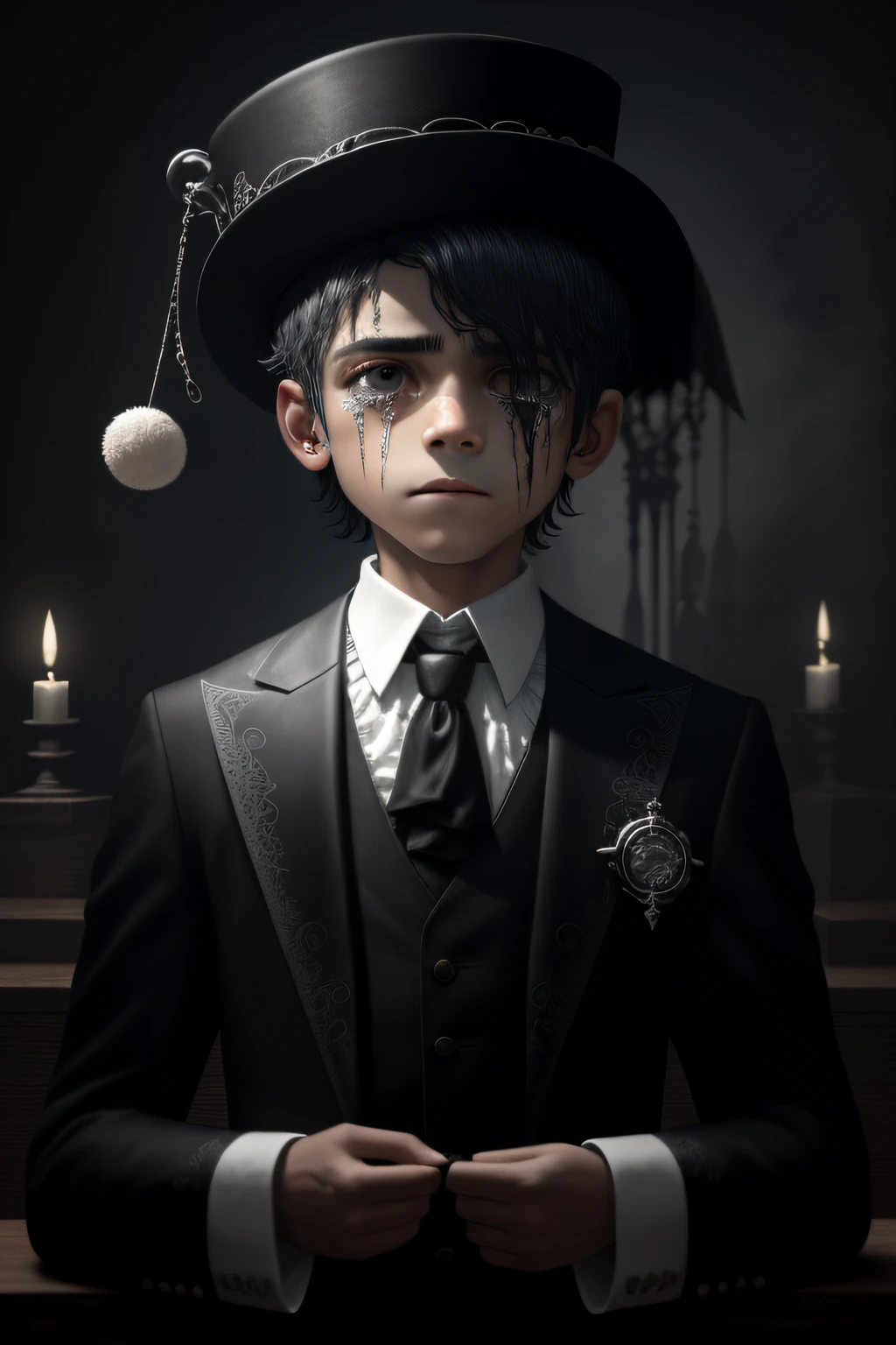 tribunal, adorable boy, triste, choroso, mancha de sangue, quarto em chamas, cabelos pretos, Mini Top Hat, toupeira sob o olho, Streaming tears, desespero, espelho com escrita, velas, Romantismo, gothic art, master part, UHD, Detalhes altos, alta qualidade