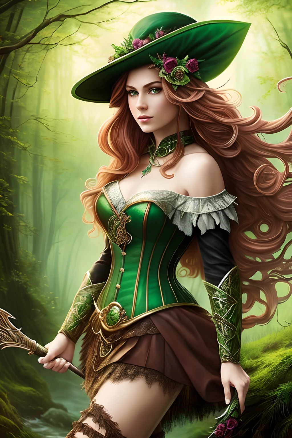 Masterpiece, high details, best quality, 8k, [ultra detailed], masterpiece, best quality, (extremely detailed), dynamic angle, ultra wide shot, RAW, photorealistic, fantasy art, dnd art, rpg art, realistic art, a wide angle picture of a female fairie ranger and her pet fox, (1.6 intricate details, Masterpiece, best quality) in forest (1.5 intricate details, Masterpiece, best quality), a female wearing (modest medium length dark green skirt with corset top) with thigh high green stockings and hat (1.4 intricate details, Masterpiece, best quality), thick hair, long hair,  auburn red hair, fair skin intense (brown) eyes, forest background (intense details), a stream flowing in the backgraound (1.4 intricate details, Masterpiece, best quality), dawn light, clouds (1.4 intricate details, Masterpiece, best quality), dynamic angle, (1.4 intricate details, Masterpiece, best quality) 3D rendering, high details, best quality, highres, ultra wide angle, celtic fantasy, clover, poison ivy, fae, goddess of mischief, green magic, (wearing green tophat), pixie, fairy, celtic, Autumn, beautiful autumn spirit, fall season, Dark colored roses, perfect creation, perfect art, highly detailed, detailed art, masterpiece, perfect creation, perfect art, (outlined iris), (perfect eyes), (full figure), red fox, fantasy style, smoothlight