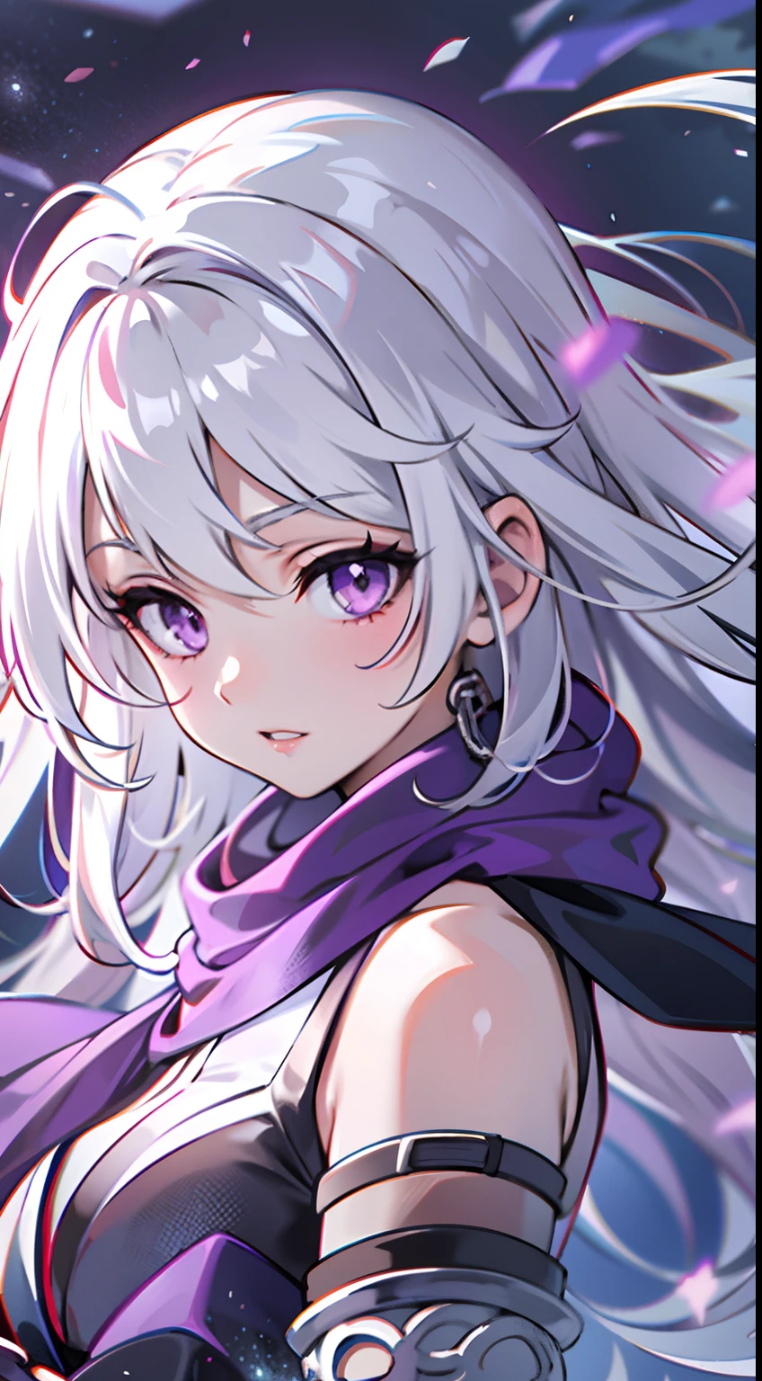 upper body, 1woman, white hair, Long Haired, purple eyes, (ninja), purple scarf, big breats, wallpaper, Chain background, light particles, (masterpiece), best quality, Top Quality, pale white skin,