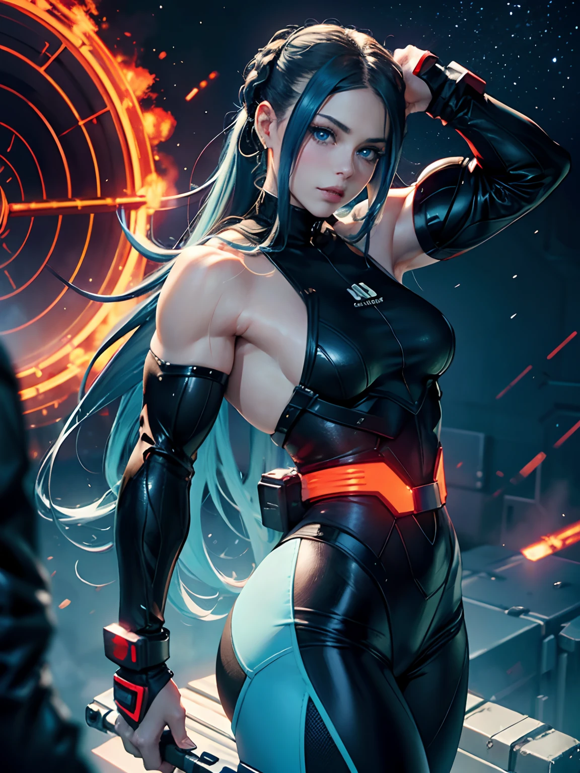 A 34-year-old scientist woman with black hair tied in a ponytail and a skinny. There is a scar on the right side of her face. She wears goggles with bright red lenses. She wears a black leather gown and black leather gloves. Under the shirt is a long-sleeved gray shirt and black straight-legged pants. She has hawk-like eyes.