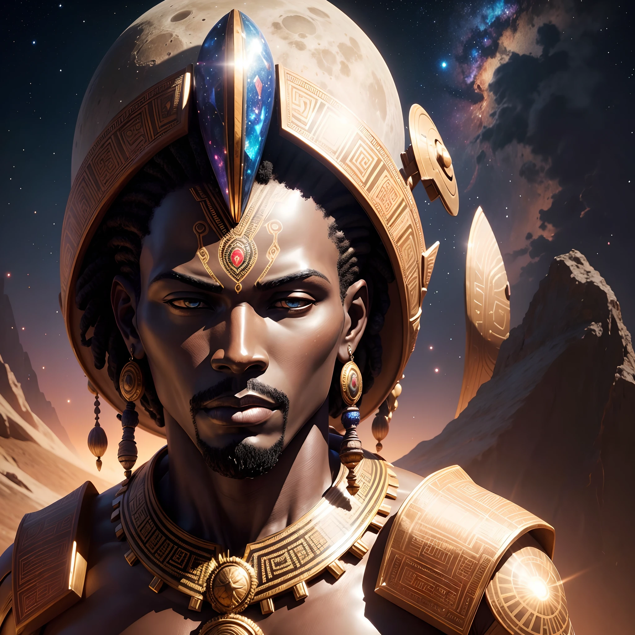 Full body shot of a Giant head sculpture of an African man with African designs on it, on the moon full of African weapons and African instruments, galaxy and stars shining a beautiful spotlight in the scene, with iridescent light, highly-realistic image, 32k, ultra HD, cinematic lighting, artgerm style