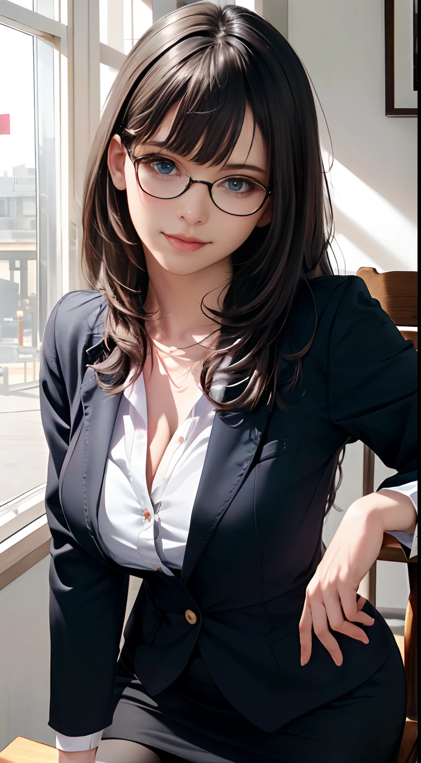 (masutepiece:1.5), the Extremely Detailed CG Unity 8K Wallpapers,(Realistic,Photorealsitic,hyper realisitc:1.5),(curves,model,carismatic:1.5),Beautiful breasts,colours_aberration,beautiful detailed shading,Beautiful eyes,Beautiful body,Beautiful skin,beatiful hands,(cowboys_Shot:1.4),(Seductive smile:1.4),(sit on chair,crossedlegs:1.4),
(Best quality:1.3), High quality shadows, Beautiful detailed, Beautiful face, Detailed eyes, depth of fields, A high resolution, Best shadow, Best illumination, 1girll, view the viewer, Black hair, Blunt bangs, Long hair, Dark blue eyes, Shy, Large breasts, Miniskirt, blouse, Blazer, Pump, Office Lady, Glasses,cleavage