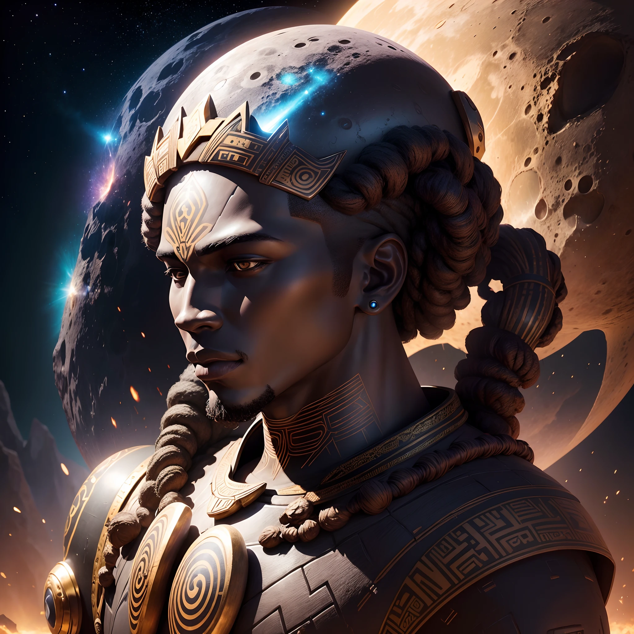 Full body shot of a Giant head sculpture of an African man with African designs on it, on the moon full of African weapons and African instruments, galaxy and stars shining a beautiful spotlight in the scene, with iridescent light, highly-realistic image, 32k, ultra HD, cinematic lighting, artgerm style