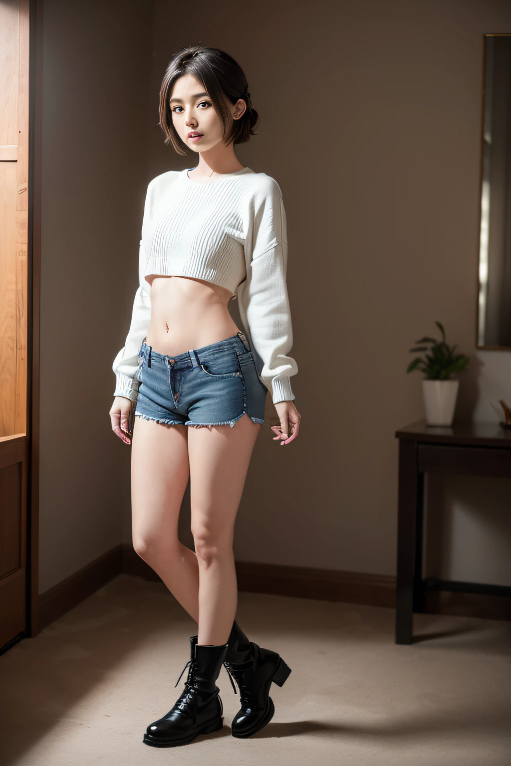 (masuter piece:1.3)、(8K、Photorealsitic、Raw photography、top-quality: 1.4)、(1girl in)、beautiful countenance、(Lifelike face)、(A dark-haired、short-hair)、
Beautiful hairstyle、realisticeyes、Beautiful details、(real looking skin)、Beautiful skins、absurderes、enticing、超A high resolution、A hyper-realistic、high-detail、the golden ratio、
((wide open abdomen))、((open abdomen))、((wide open navel))、((open navel))、((Mid-Riff Sweater))、((Ultra-low rise、Denim shorts))、
((Navel Ejection))、((small hips))、((long limbs))、((Full body depiction))、((small hip))、(boots)、((Ultra-low rise))、((Denim shorts))、((is standing))、