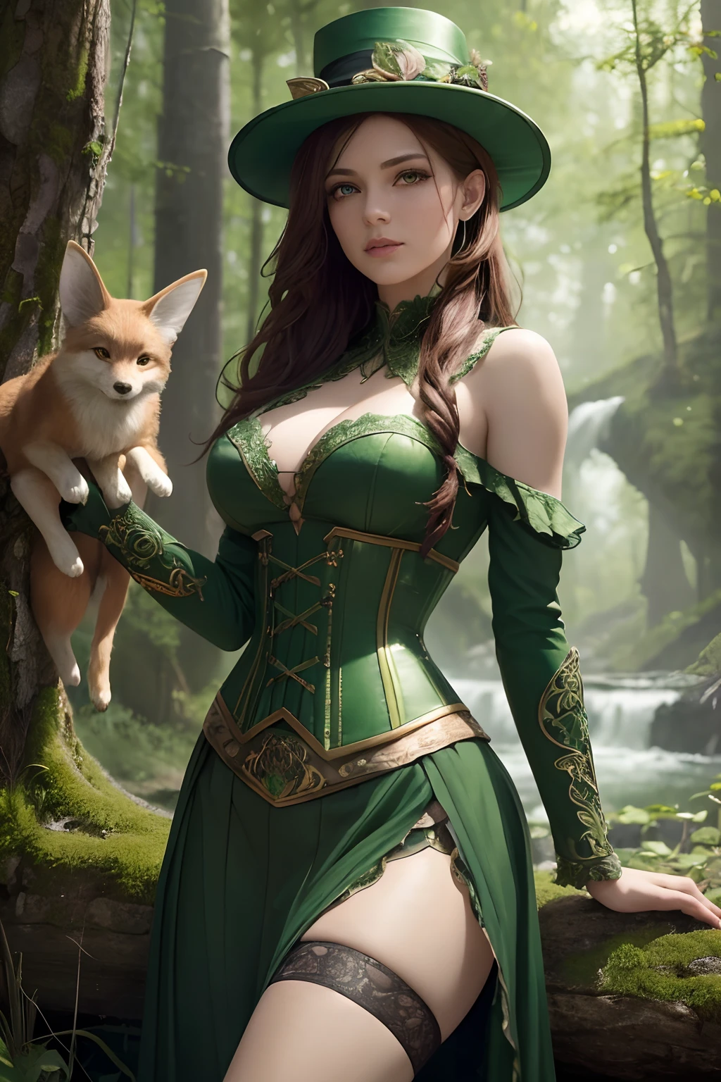 Masterpiece, high details, best quality, 8k, [ultra detailed], masterpiece, best quality, (extremely detailed), dynamic angle, ultra wide shot, RAW, photorealistic, fantasy art, dnd art, rpg art, realistic art, a wide angle picture of a female fairie ranger and her pet fox, (1.6 intricate details, Masterpiece, best quality) in forest (1.5 intricate details, Masterpiece, best quality), a female wearing (modest medium length dark green skirt with corset top) with thigh high green stockings and hat (1.4 intricate details, Masterpiece, best quality), thick hair, long hair,  auburn red hair, fair skin intense (brown) eyes, forest background (intense details), a stream flowing in the backgraound (1.4 intricate details, Masterpiece, best quality), dawn light, clouds (1.4 intricate details, Masterpiece, best quality), dynamic angle, (1.4 intricate details, Masterpiece, best quality) 3D rendering, high details, best quality, highres, ultra wide angle, celtic fantasy, clover, poison ivy, fae, goddess of mischief, green magic, (wearing green tophat), pixie, fairy, celtic, Autumn, beautiful autumn spirit, fall season, Dark colored roses, perfect creation, perfect art, highly detailed, detailed art, masterpiece, perfect creation, perfect art, (outlined iris), (perfect eyes), (full figure)