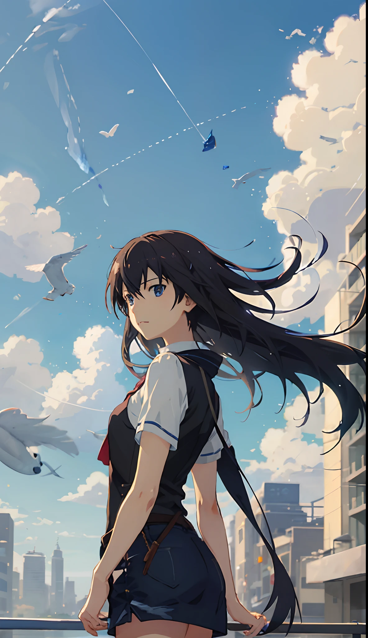Anime by Makoto Shinkai、a beauty girl、blue-sky、