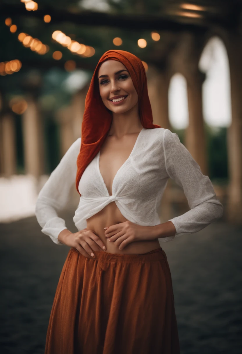 seductive redhead wearing hijab, revealing bikini, with a mischievous smile