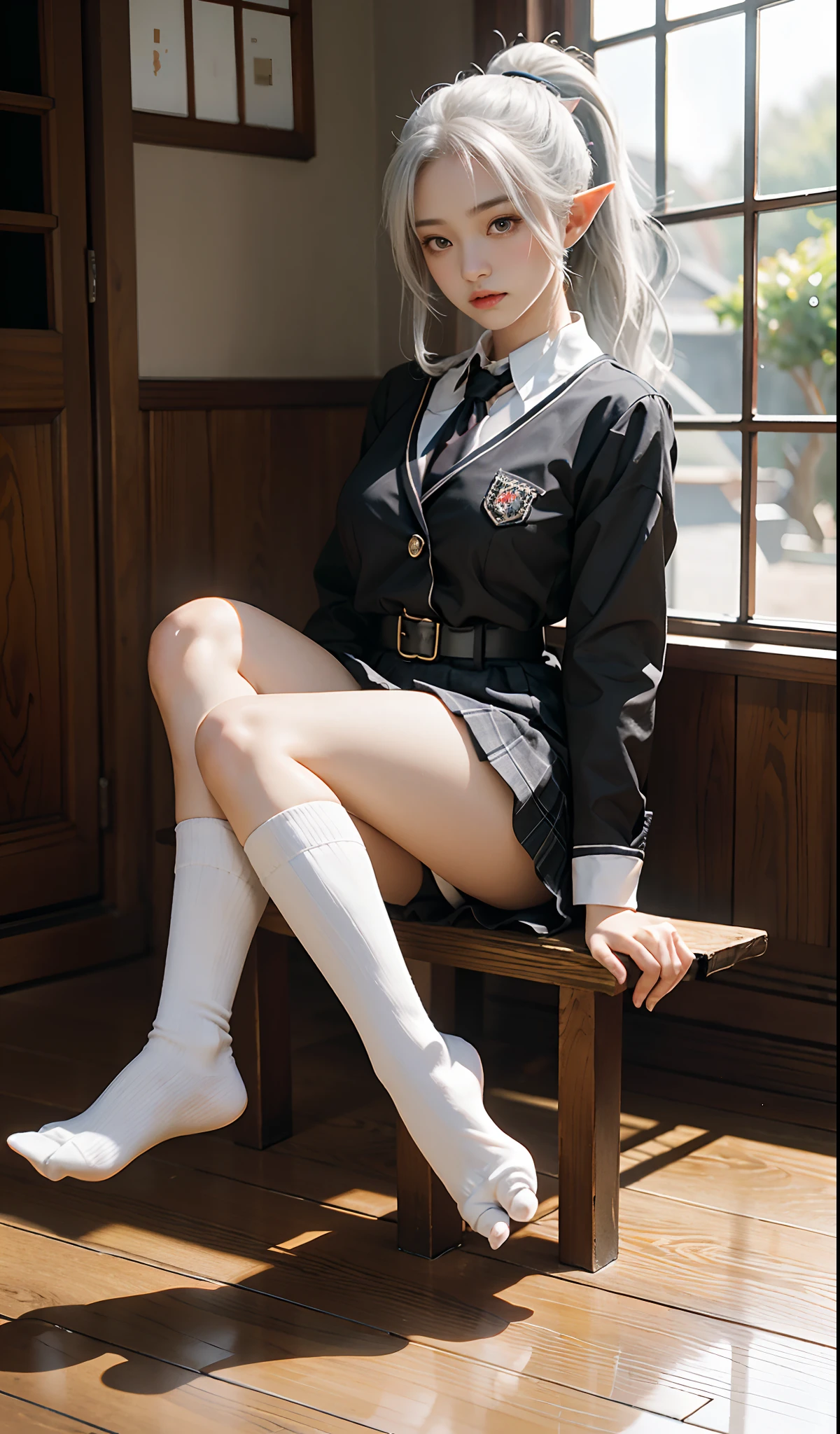 （Extremely normal body）Japanese-style town：1 Elf beauty，JK school uniform，(Elf long ears)，Short silver-white hair，Half-tied ponytail。Uniform for female high school students)，Short plaid skirt，Stretch your feet，Black short stockings，Black socks, Black socks，Translucent black socks，Jade foot，soles of feet，Normal feet ， very detailed eyes and faces， Sharp pupils， realistic pupil， tack sharp focus， cinmatic lighting，full bodyesbian，Bigboobs，long leges，From the front side，dynamicposes，Normal posture，closeup of face