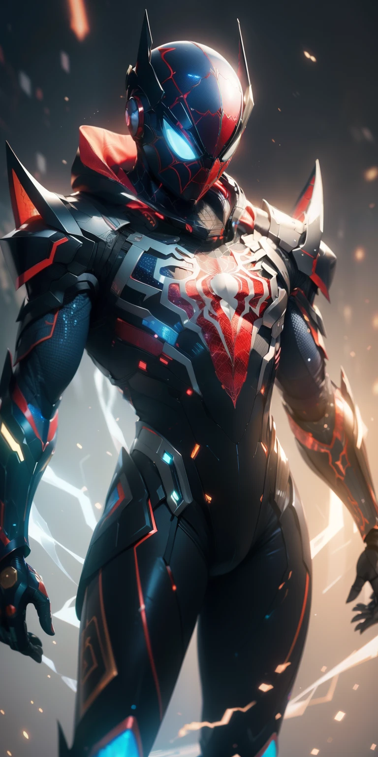 HDR,4k,8k,32k,((detalles Intrincados)),The suit is made of a changing nanotechnological fabric, with a shiny chrome chandelier on the chest and constellation details on sleeves and legs. Incorpora una capa desmontable que parece alas de una nave espacial , ((Holographic hacker helmet)),which projects a cosmic mask onto Spider-Man's face... This suit allows you to breathe in space and adapt to alien environments, Fusing cosmic style with exceptional functionality. Agregar efecto al final