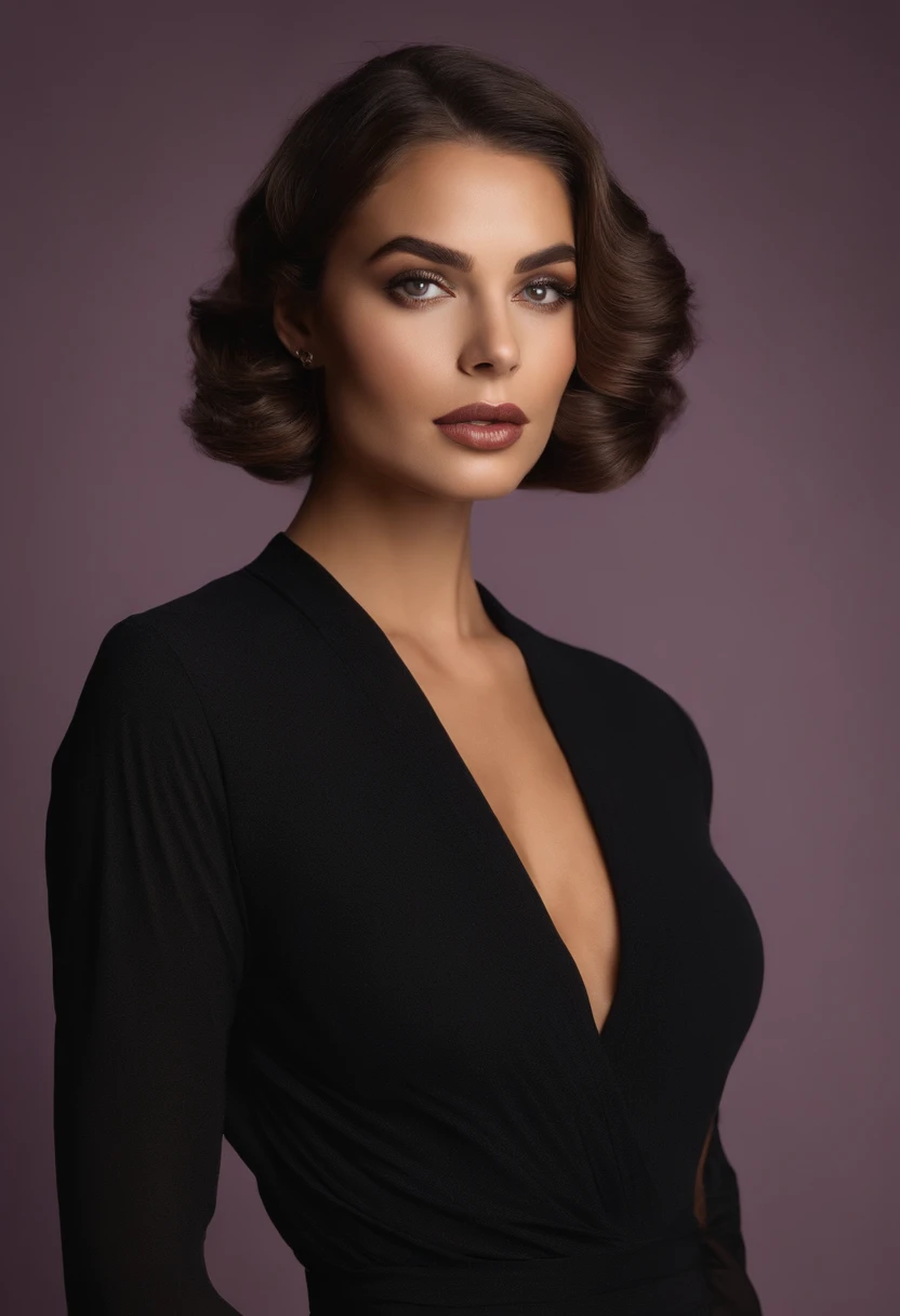 mulher arafed com roupas preta social elegante, Madura 35anos com olhos castanhos, Retrato Sophie Mudd, cabelos pretos e olhos grandes, corpo inteiro, Violeta Myers, maquiagem leve, maquiagem natural, Looking directly at the camera, Rosto com ArtGram, maquiagem sutil, Impressionante tiro de corpo inteiro, clivagem