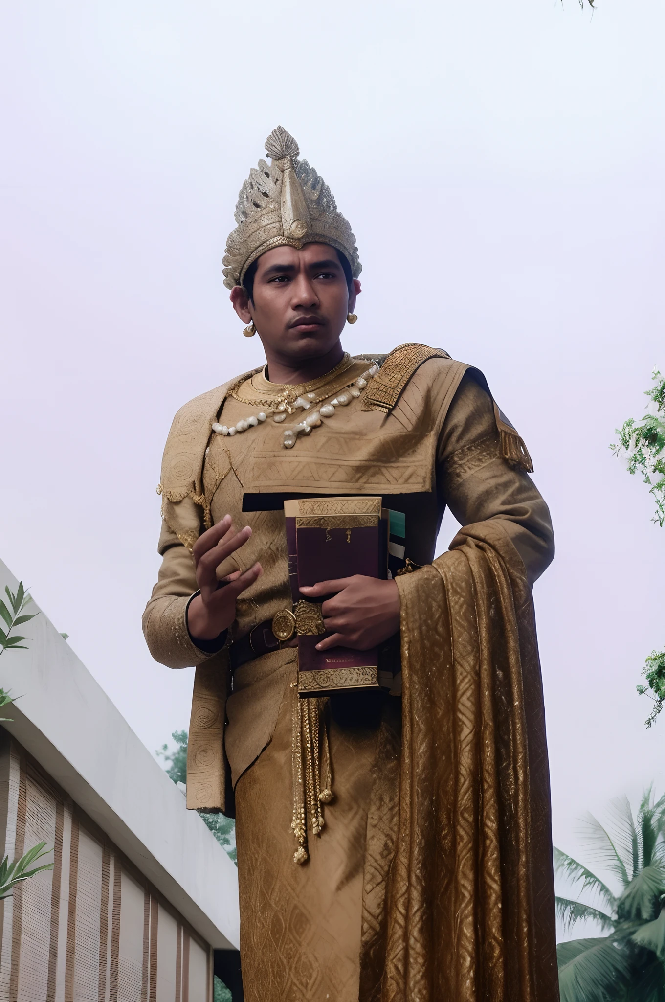 A man holding a book in the courtyard.  Asoka Tanno is realistic.  the king  noble clothes,  ancient times,wearing gold color and red color,red color book