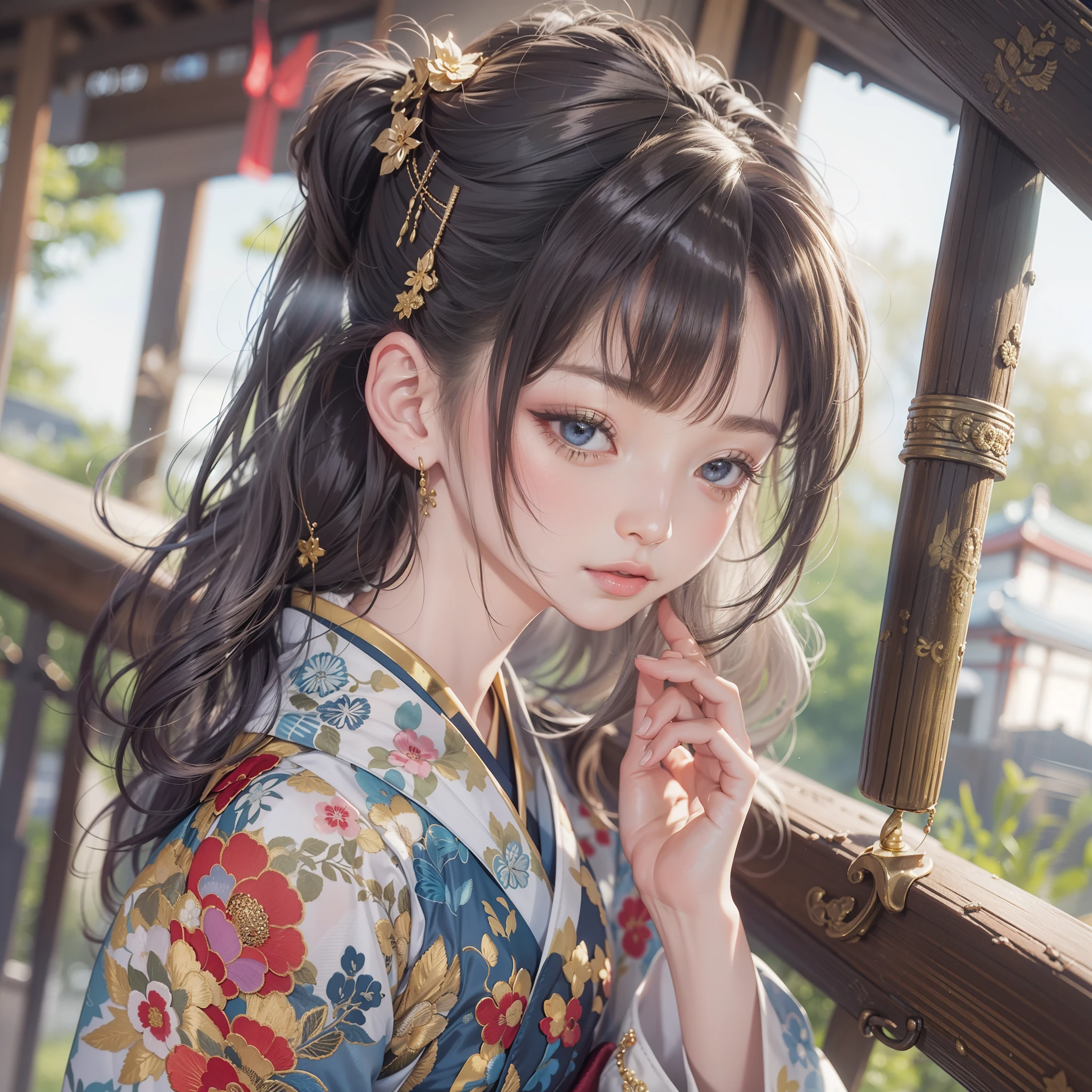 Detailed background(Bridge over a deep valley)、(Gorgeous and elegant backgrounds:1.2), Standing on a bridge、BREAK,elaborate costume{Luxury kimono(Colorful kimono(Detailed golden embroidery,))}、(Japanese Idol(actress):1.2)(face perfect:1.2),Depict a beautiful and graceful woman of Japan。glossy dark hair,poneyTail,Heart in the eye。 Wallpapers 16K, .Blur the background with a sickle,((masutepiece)), ((Best Quality)),{{a portrait photo of}},full body Esbian、Faraway view