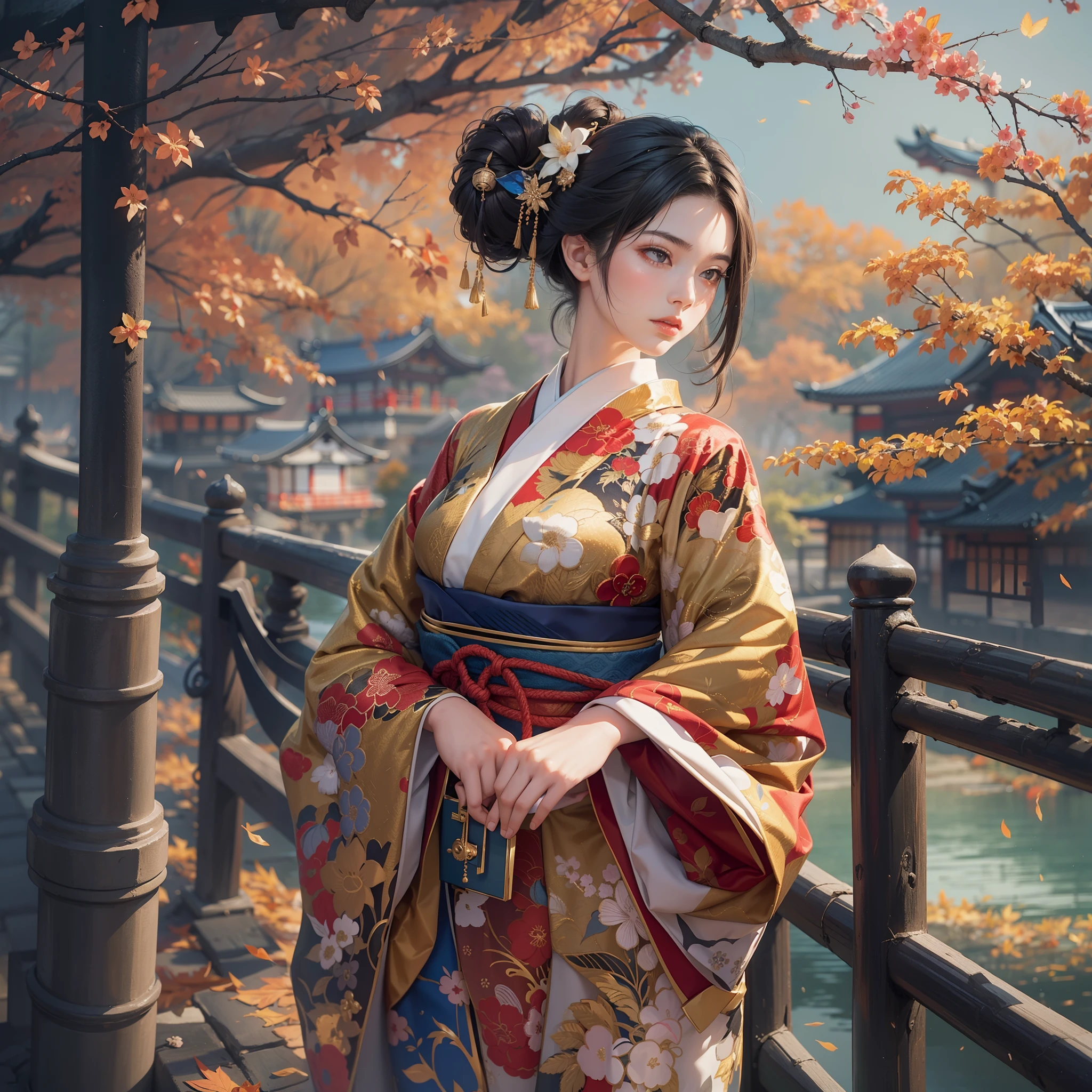 Detailed background(Bridge over a deep valley)、(Gorgeous and elegant backgrounds:1.2), Standing on a bridge、BREAK,elaborate costume{Luxury kimono(Colorful kimono(Detailed golden embroidery,))}、(Japanese Idol(actress):1.2)(face perfect:1.2),Depict a beautiful and graceful woman of Japan。glossy dark hair,poneyTail,Heart in the eye。 Wallpapers 16K, .Blur the background with a sickle,((masutepiece)), ((Best Quality)),{{a portrait photo of}},full body Esbian、Faraway view