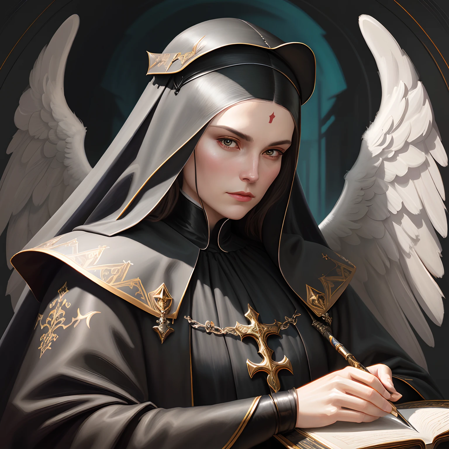 Close-up portrait of the angel of the bad nun，d&d，the face，fanciful，复杂，ellegance，highly  detailed，digitial painting，artstation，concept-art，smoothness，Sharp focus，illustratio，Artgerm and the art of Greg Rutkowski and Alphonse Mucha