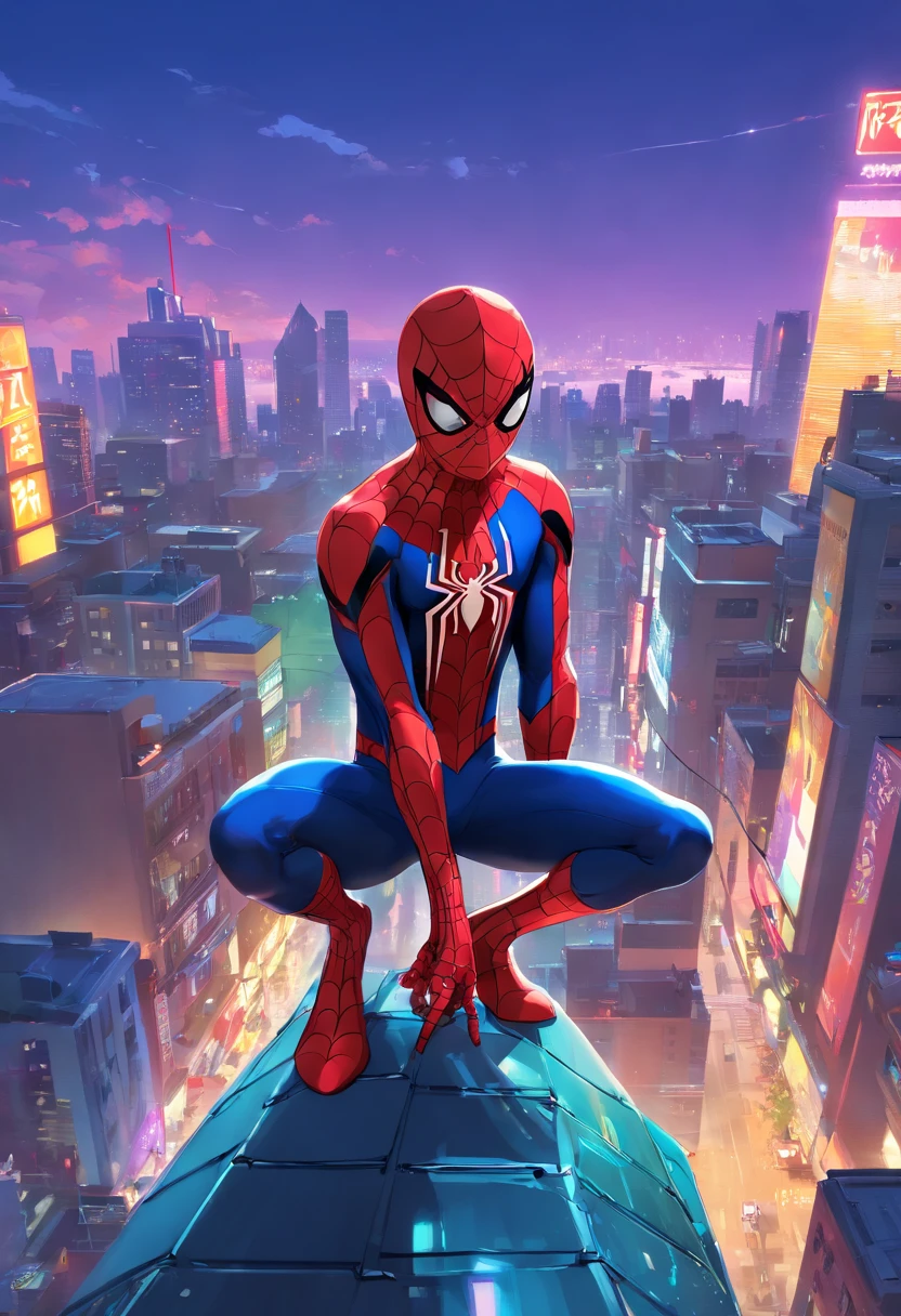 Spider - Man in a suit standing on a roof with a cyberpunk city in the background, bustling with neon signs, Pedro Lucia, Homem-Aranha, aranha - homem, Retrato do Homem-Aranha, hq 4k papel de parede, Aranha altamente detalhada - Man, peter parker como homem-aranha, Estilo futurista Homem-Aranha, 8k render", medium close - up ( Mcu ), Spiderman, Trending in ArtStation 4K, cg arte