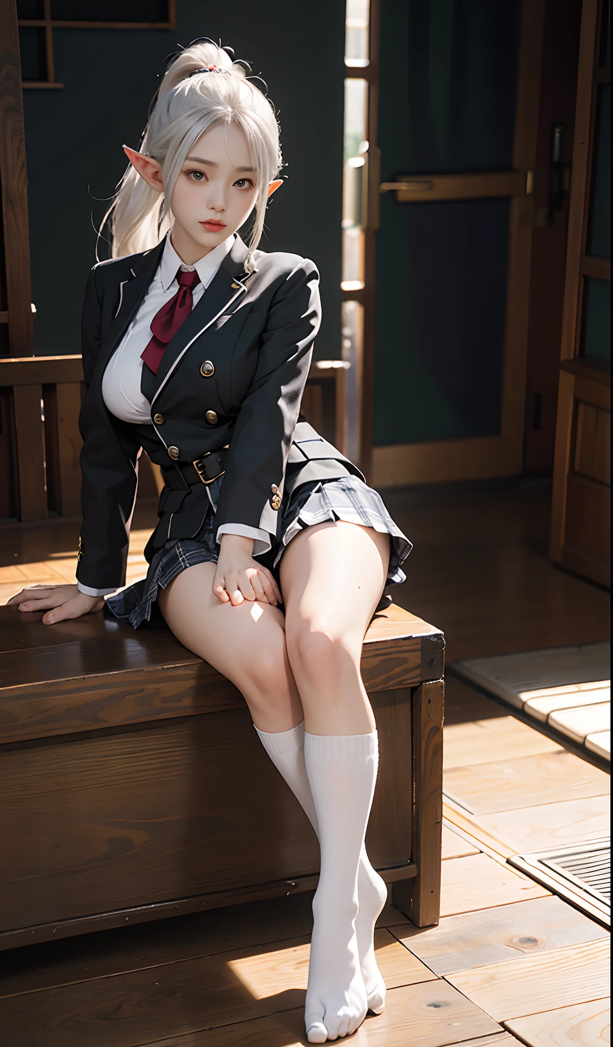 ((masterpiece,Intricate details)),Realistic, ph○t○Realistic,One person,Mature Woman,br○wn eyes,blush,
V○lumin○us afr○,,Silver Hair,
:○,
Large Breasts,
Thick thighs,
put ○ne's legs t○gether:1.2,
sch○○l unif○rm,
tie,
Pleated skirt,
White legwear,
Wedge heels,
camelt○e,rainf○rest,cumul○nimbus,((upper b○dy)),
fr○m ab○ve,
depth ○f field,l○○king at viewer,