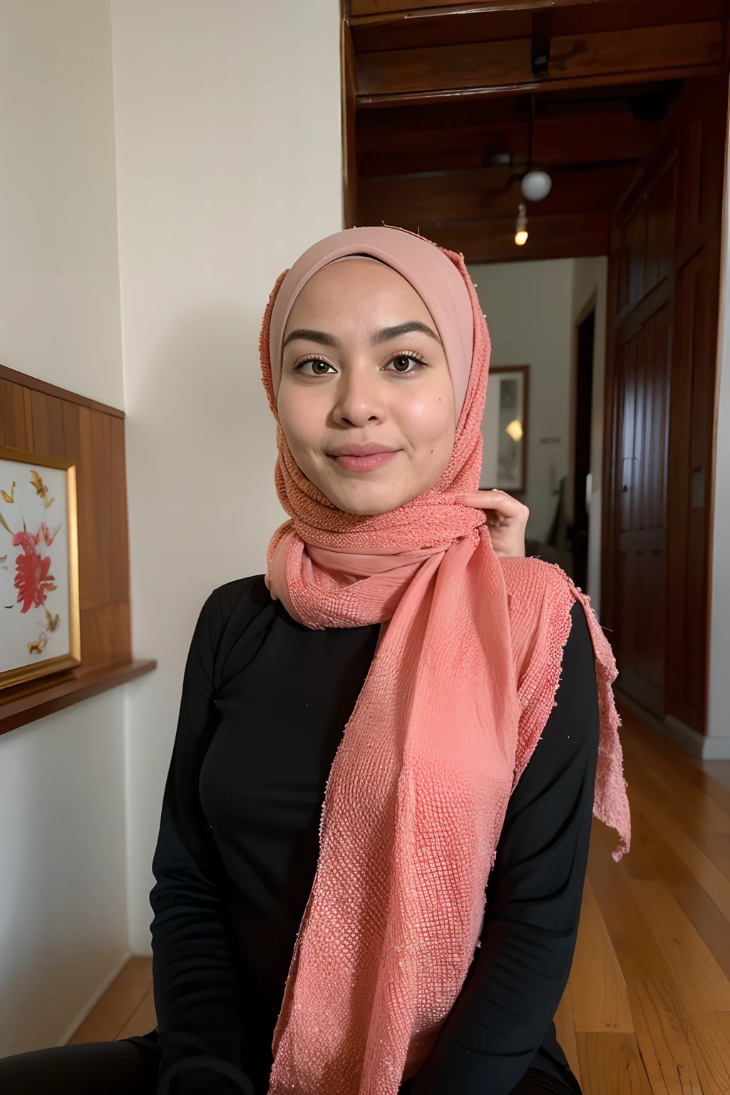 1 malay girl , modern plain hijab, shy, medium portrait shot , watery eyes , wear pastel pink peplum dress, blue bedroom background, bright front light, she try to remove pants pose,