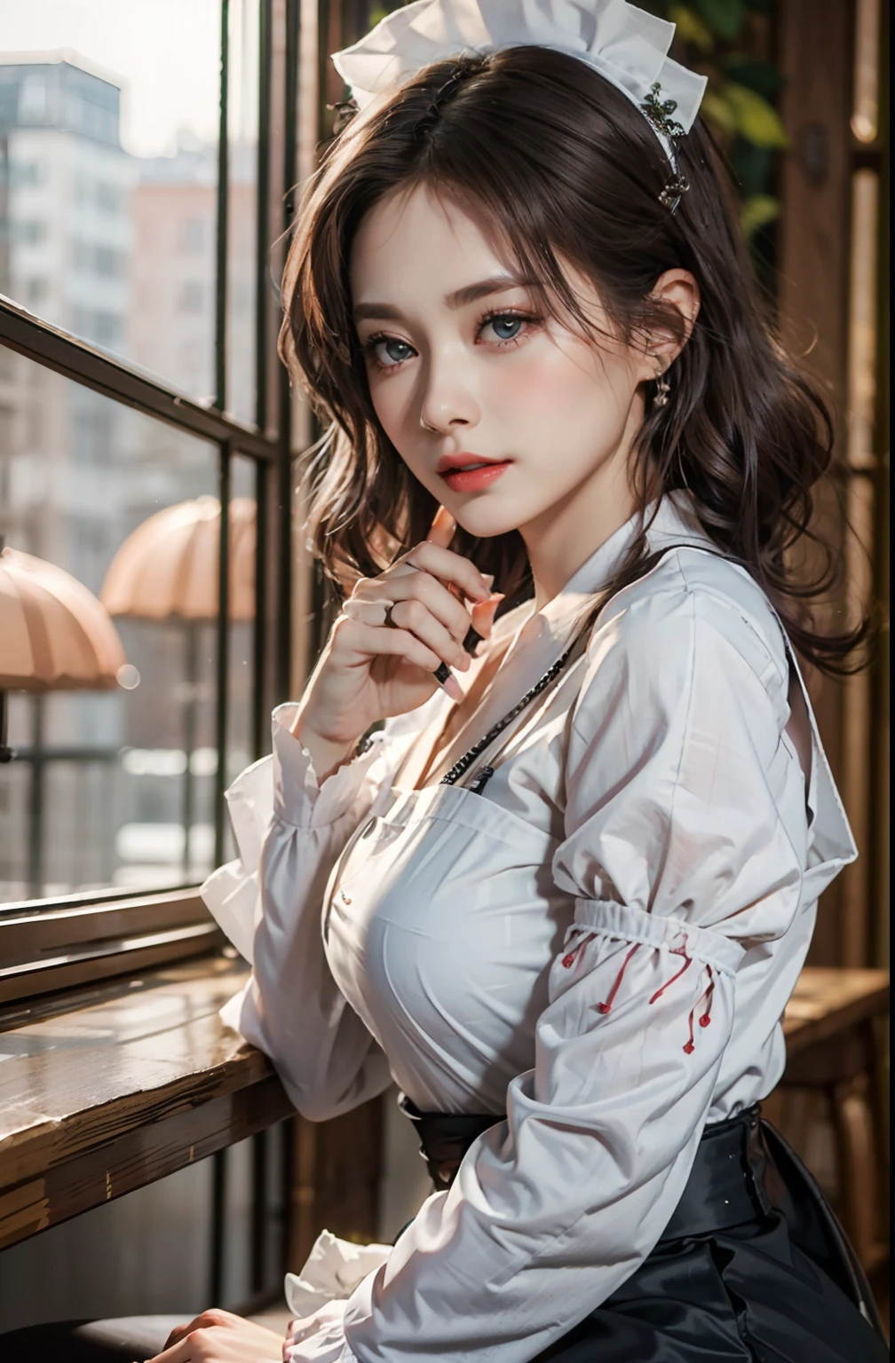 (8K, RAW photography, top-quality, tmasterpiece: 1.2), tmasterpiece, Super detail, 超A high resolution, (realistic and realistic photos: 1.37), high-definition RAW color photography, Extremely Delicately Beautiful, The is very detailed, 8K wallpaper, astounding, detaileds, extremely detailed eye, highlydetailed skin, Extremely detailed fingers, Highly detailed nose, highly detail mouth, perfect anatomia,1girl in, aprons, Black dress, Blurry, The background is blurred out, Blurred foreground, Blush, Braid, Breasts, depth of fields, dress, Eyebrows visible through hair, frilld, mitts, hair between eye, Indoors, jewelry, Juliet sleeves, Long sleeves, view the viewer, maid, maid apronl, maid headdress, Puffy sleeves, Short hair, Sitting, Solo, White apron, window, huge boob、hposing Gravure Idol、女優、25 age old、Tall、coffeehouse、dining room、Italy、Americans、Australia