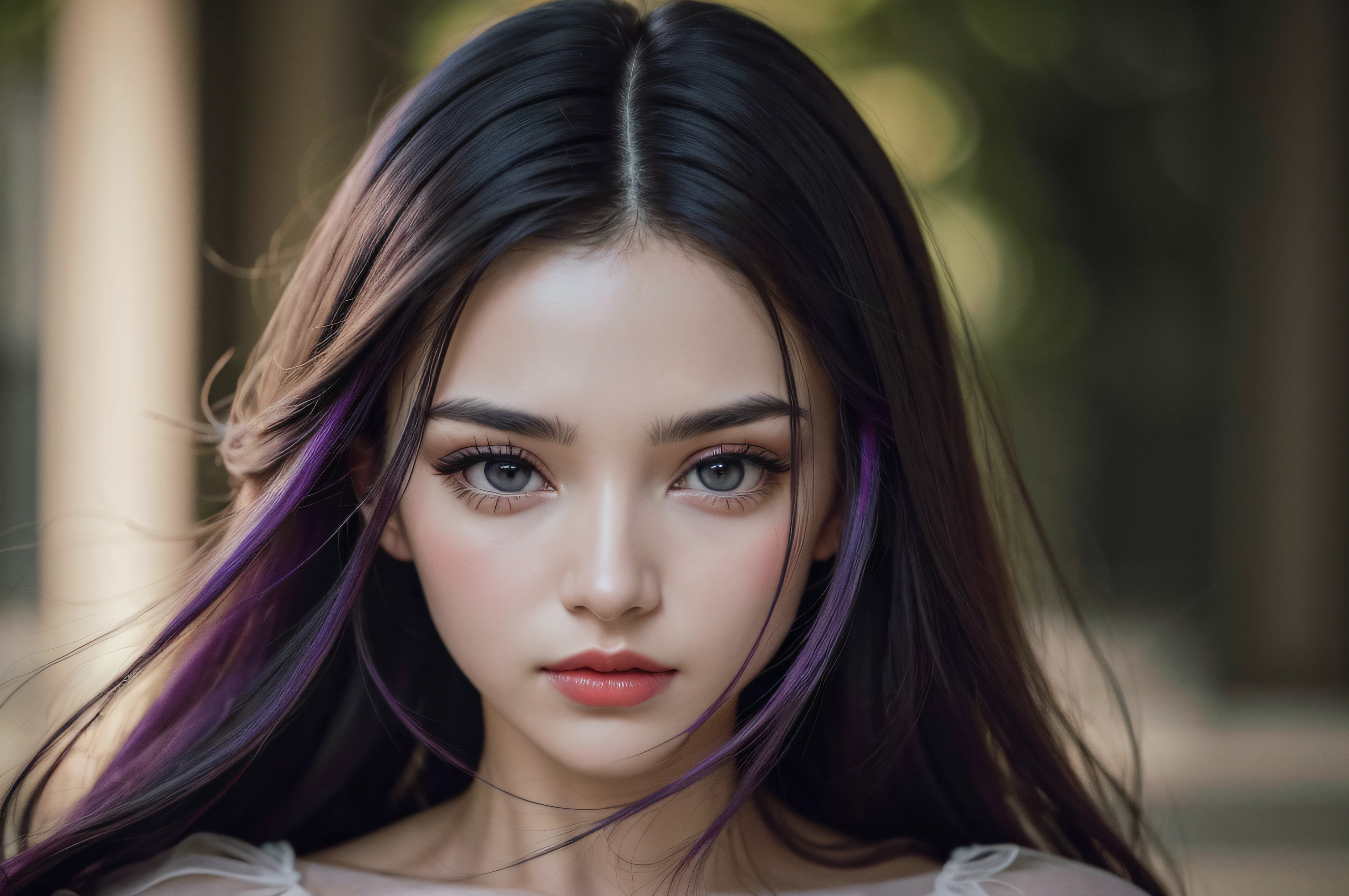 (8k, RAW photo, photorealistic) ,( lipgloss, eyelashes, gloss-face, glossy skin, best quality, ultra highres, depth of field, chromatic aberration, caustics, Broad lighting, natural shading) looking at viewer with a serene and goddess-like happiness, masterpiece, realistic, photo-realistic), 1girl, face, close-up, purple hair, Smokey eyes, (looking at viewer:2), absurdly long hair, long eyelashes, eyeshadow, big yellow eyes, high contrast, portrait photography, close up, masterpiece, 20 years old woman, long silky purple hair, Red lipstic, Red Lips, symetrical face, Most beautiful women, Goddess like beauty, clears facial expressions, subtle smile, stunning women, elegant dress, in middle of avenue, 35 mm, DLSR, film grain, cinematic, intricate details, 4K, 8k, hd