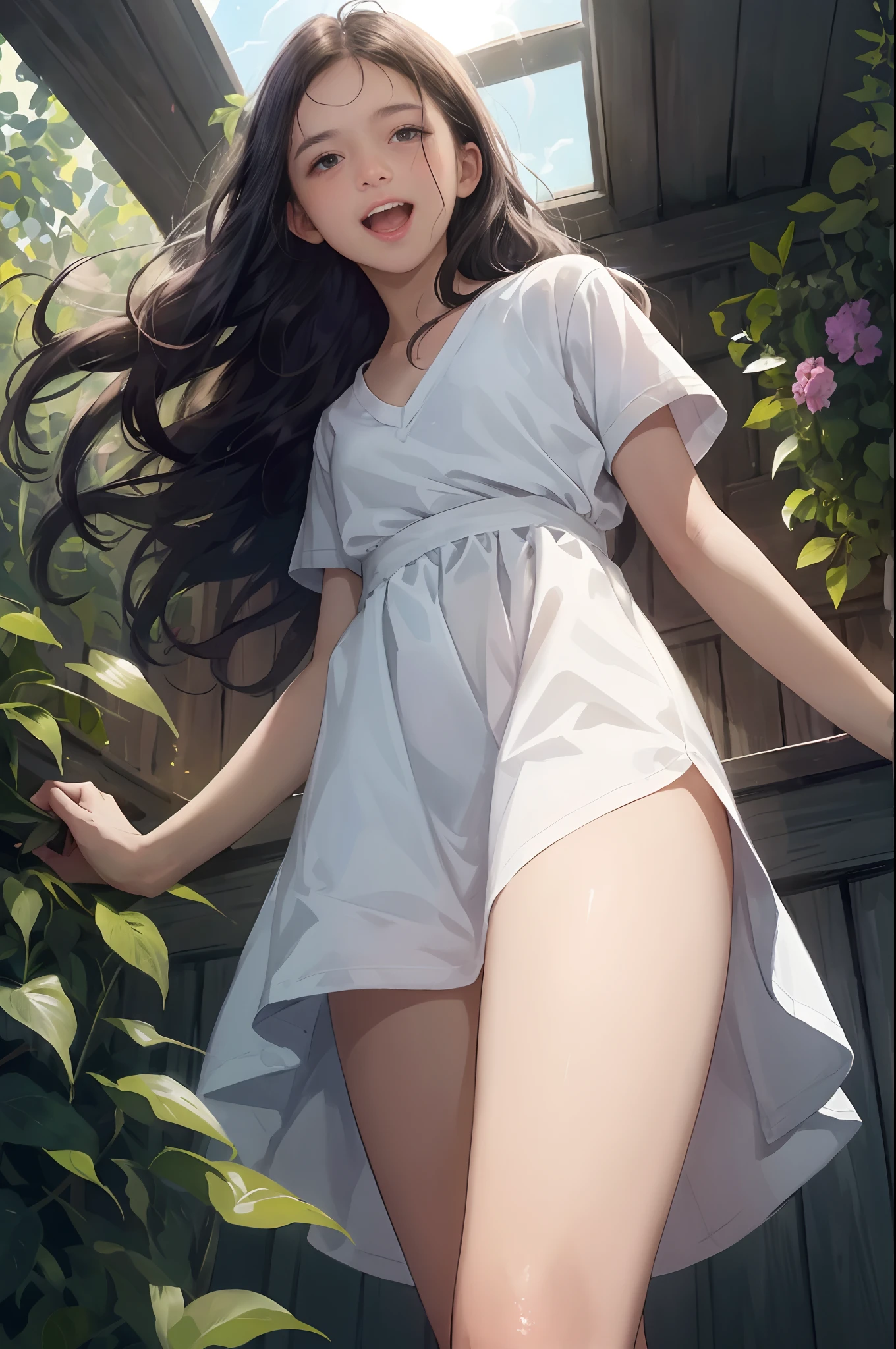 (()), excited girl, dress-style t-shirt, v-neck, no panties, vagina with small hairs, close-up from thighs to face, shot from below, very light skin, very long hair, wavy hair, garden, sunrise, photorealistic, indirect lighting, volumetric light, ray tracing, hyper-detailed, best quality, ultra-high resolution, HDR, 8k