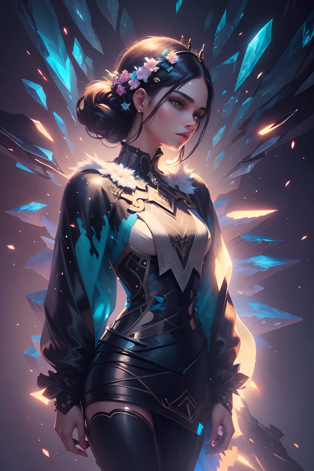 extremely detailed illustration of gorgeous woman looking up slightly wearing haute couture, (Kendall Jenner lookalike) stylish, backlit, highly illuminated, colorful crystal, awesome hair, closeup, visually rich, raytraced, manga, whimsical, JRPG, enchanting, emotionally evocative, detailed environment, fantastical, imaginative, visually rich, atmospheric, zoomed, flat lighting, 2d, cartoon, vector, rocks, art by MSchiffer