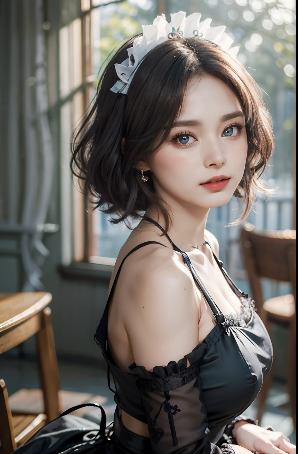 (8K, RAW photography, top-quality, tmasterpiece: 1.2), tmasterpiece, Super detail, 超A high resolution, (realistic and realistic photos: 1.37), high-definition RAW color photography, Extremely Delicately Beautiful, The is very detailed, 8K wallpaper, astounding, detaileds, extremely detailed eye, highlydetailed skin, Extremely detailed fingers, Highly detailed nose, highly detail mouth, perfect anatomia,1girl in, aprons, Black dress, Blurry, The background is blurred out, Blurred foreground, Blush, Braid, Breasts, depth of fields, dress, Eyebrows visible through hair, frilld, mitts, hair between eye, Indoors, jewelry, Juliet sleeves, Long sleeves, view the viewer, maid, maid apronl, maid headdress, Puffy sleeves, Short hair, Sitting, Solo, White apron, window, huge boob、hposing Gravure Idol、女優、25 age old、Tall、coffeehouse、dining room、Italy、Americans、Australia