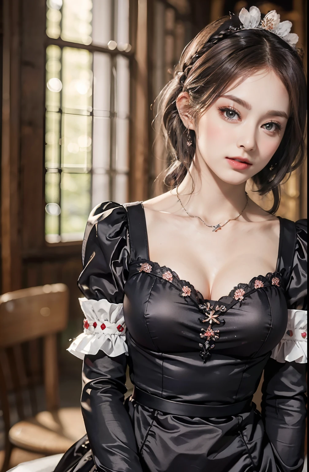 medieval clothes, 12 years old girl, huge gigantic squeezed breasts, dark lipstick, huge red hot lips, hot, small weist, corset, innocent girlish smile, exposed shoulders, cocky, in a medieval gala dress, feeling of higher value,