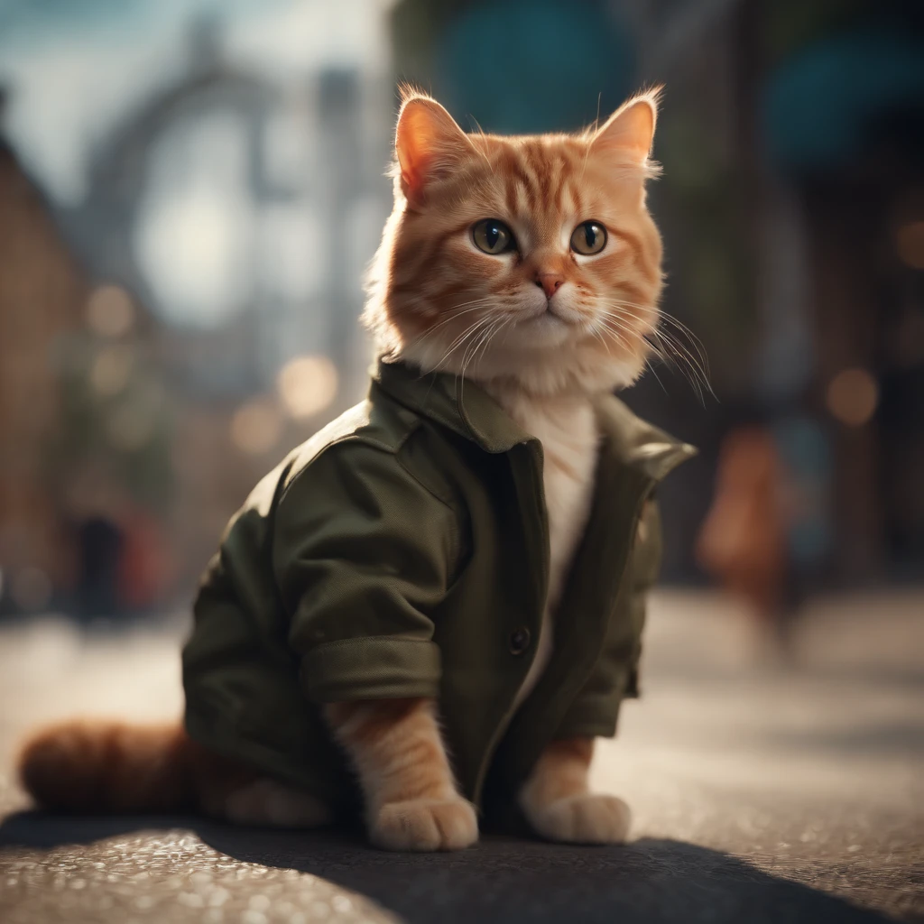 ((Best quality, 8K, Masterpiece: 1.4)),((Amazing detail: 1.3)),((illustration, Hairstyle Casual: 1.2)),((high resolution: 1.1)), A cute cat standing, headset on head, Tactical coat, Fashionab, Soft light, Colorful, Depth of field, Cinematic lighting, From below, Anatomically correct, Amazing art of painting, No Man