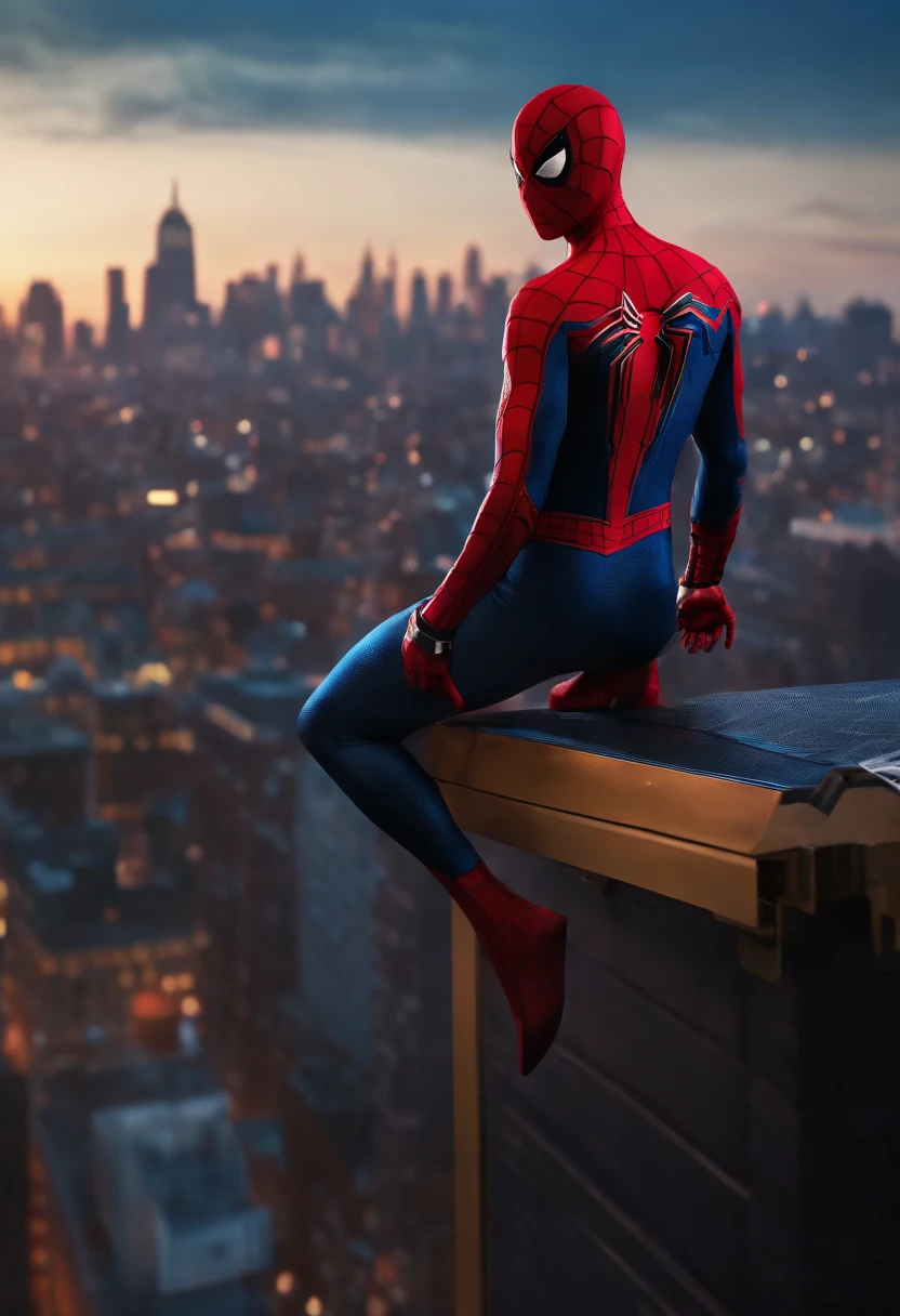 Spider - Man in a suit standing on a roof with a cyberpunk city in the background, Bustling with neon signs, Pedro Lucia, Homem-Aranha, aranha - homem, Retrato do Homem-Aranha, hq 4k papel de parede, Aranha altamente detalhada - Man, peter parker como homem-aranha, Estilo futurista Homem-Aranha, 8k render", medium close - up ( Mcu ), Spiderman, Trending in ArtStation 4K, cg arte
