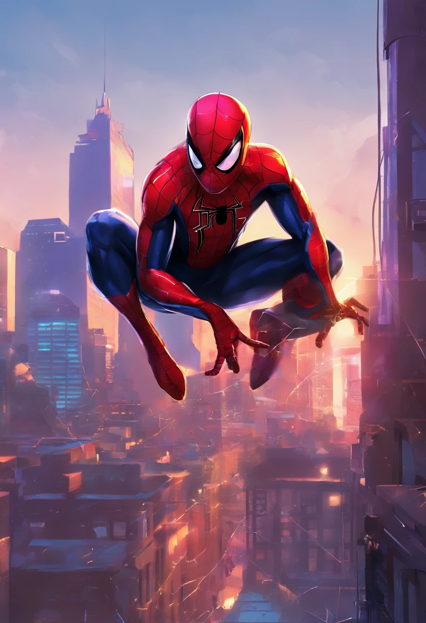 Spider - Man in a suit standing on a roof with a cyberpunk city in the background, Bustling with neon signs, Pedro Lucia, Homem-Aranha, aranha - homem, Retrato do Homem-Aranha, hq 4k papel de parede, Aranha altamente detalhada - Man, peter parker como homem-aranha, Estilo futurista Homem-Aranha, 8k render", medium close - up ( Mcu ), Spiderman, Trending in ArtStation 4K, cg arte