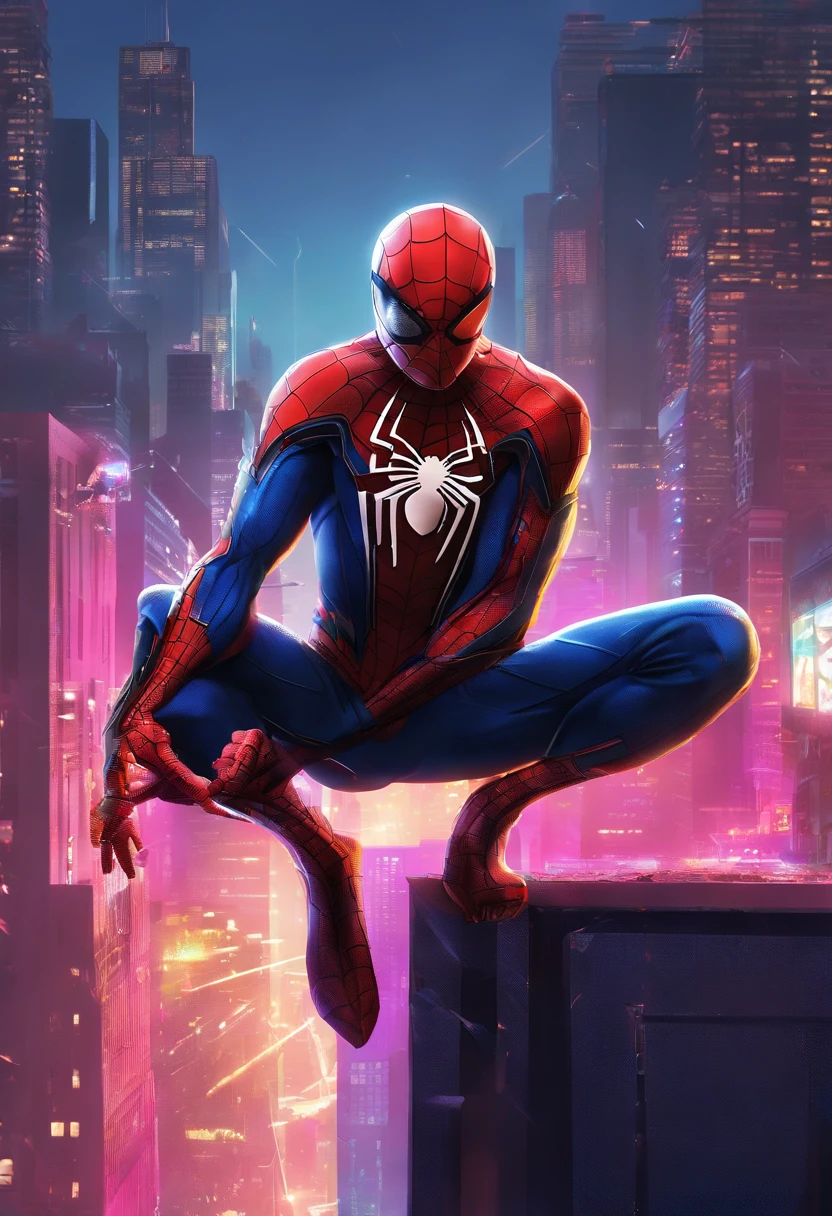 Spider - Man in a suit standing on a roof with a cyberpunk city in the background, Bustling with neon signs, Pedro Lucia, Homem-Aranha, aranha - homem, Retrato do Homem-Aranha, hq 4k papel de parede, Aranha altamente detalhada - Man, peter parker como homem-aranha, Estilo futurista Homem-Aranha, 8k render", medium close - up ( Mcu ), Spiderman, Trending in ArtStation 4K, cg arte