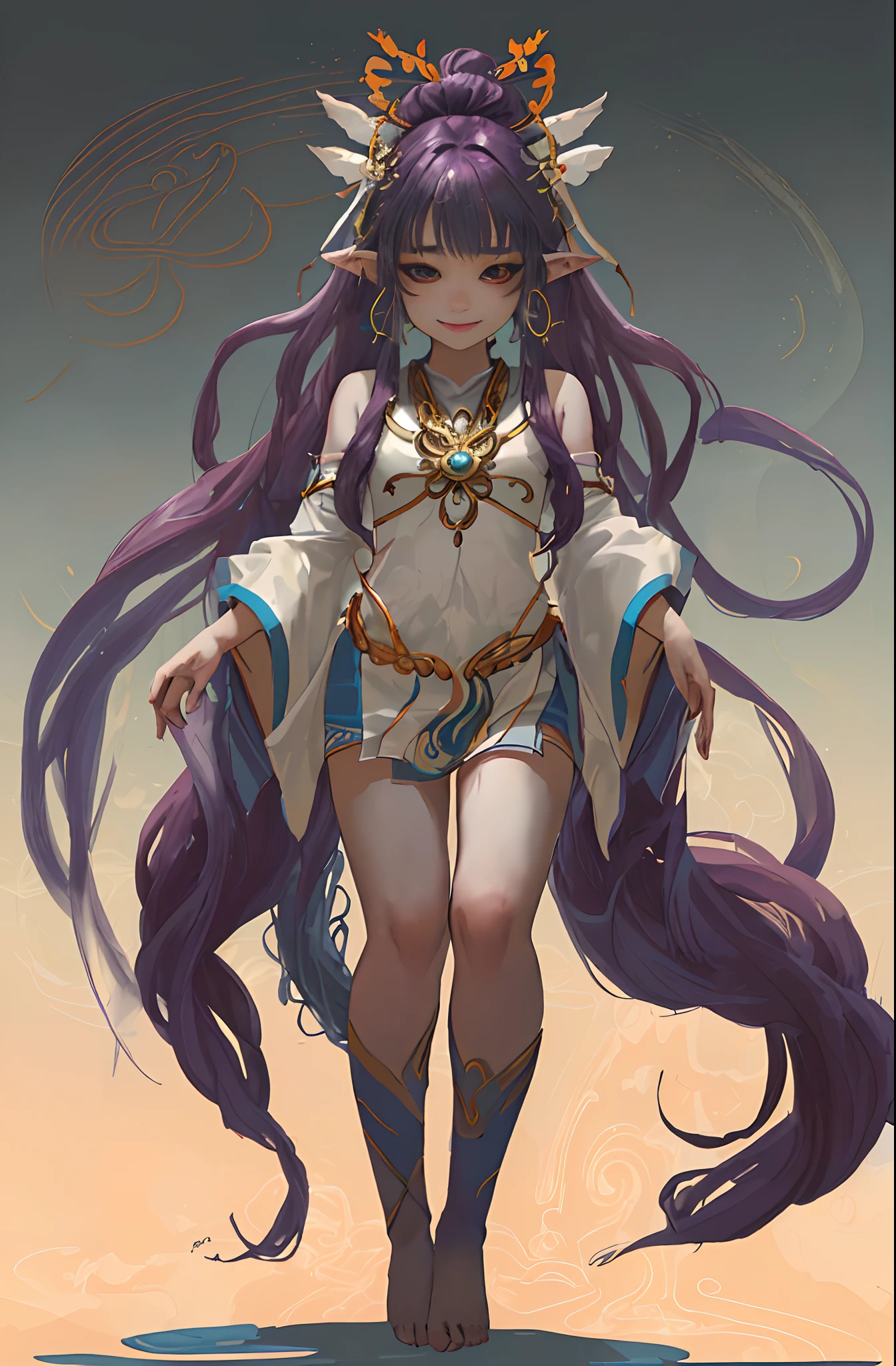 Full body standing), Small full-body shots, Full body,Dreamy journey of abstract native-style ayahuasca、beautiful goddess、 bard, In the style of anime ergo proxies, Character design of Naoyuki Onda, smug smile, Joyful, cute expression, Uneven eyes, Emotionally seductive,