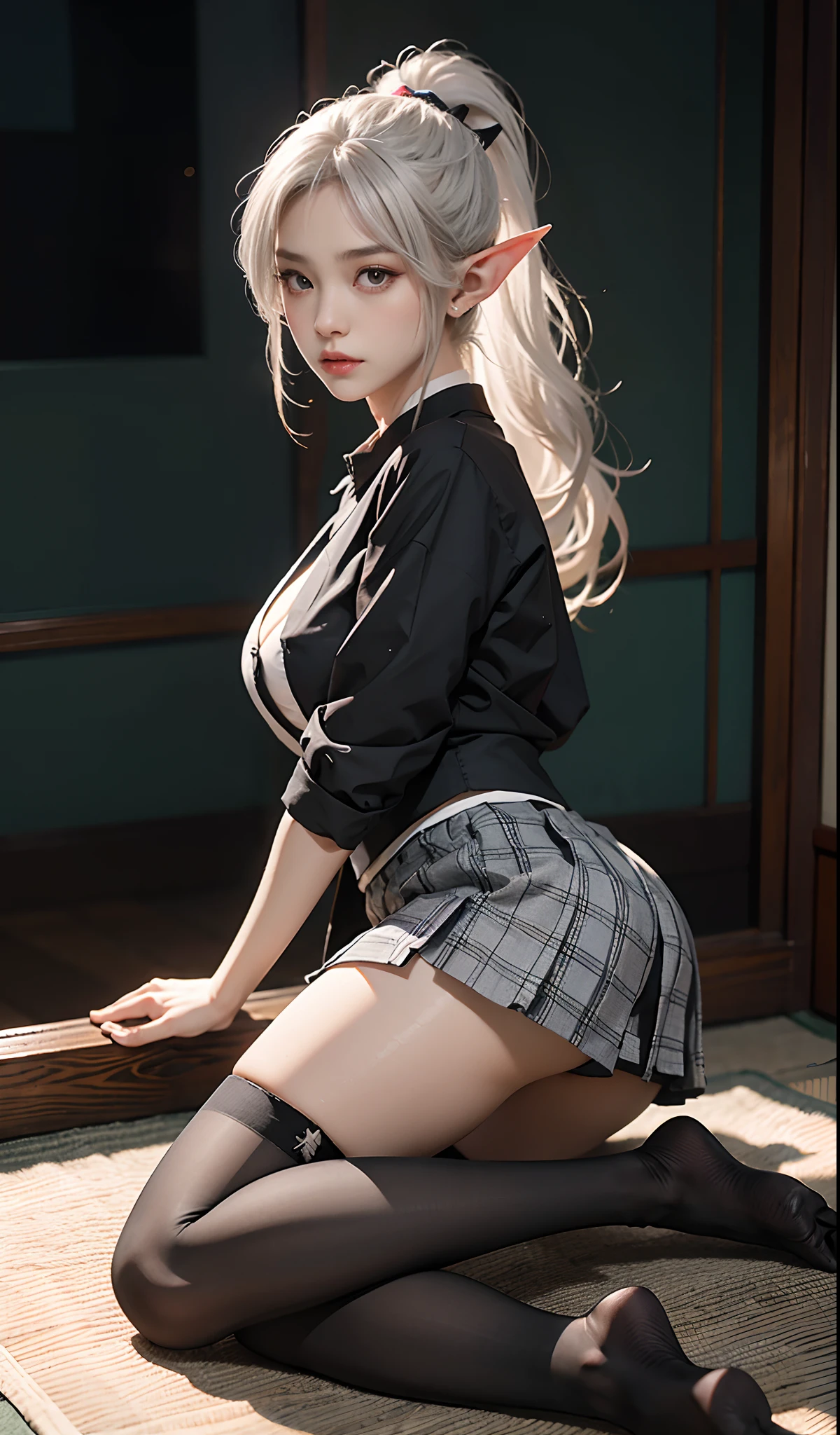 (Extremely normal body)Japanese-style town:1 Elf beauty,JK school uniform,(Elf long ears),Short silver-white hair,Half-tied ponytail。Uniform for female high school students),Short plaid skirt,Stretch your feet,Black short stockings,Black socks, Black socks,Translucent black socks,Jade foot,soles of feet,Normal feet , very detailed eyes and faces, Sharp pupils, realistic pupil, tack sharp focus, cinmatic lighting,full bodyesbian,Bigboobs,long leges,From the front side,dynamicposes,Normal posture,closeup of face