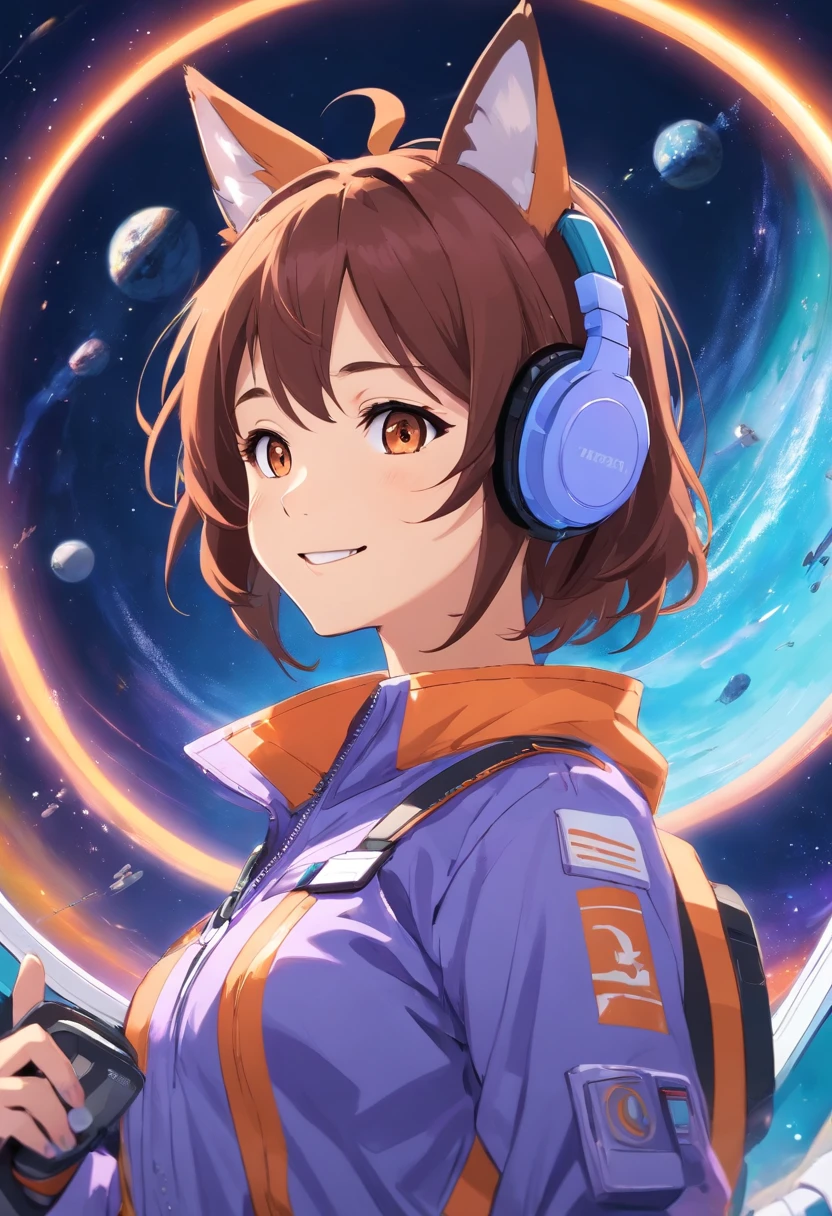Suzumiya Haruhi's contagious delight wearing a space suit, with her adorable fox ears, gamer headphones, a wide, cheerful grin, and her stylish orange and purple clothing. 8k, UHD
