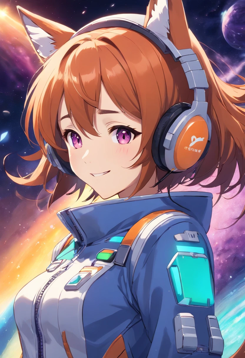 Suzumiya Haruhi's contagious delight wearing a space suit, with her adorable fox ears, gamer headphones, a wide, cheerful grin, and her stylish orange and purple clothing. 8k, UHD