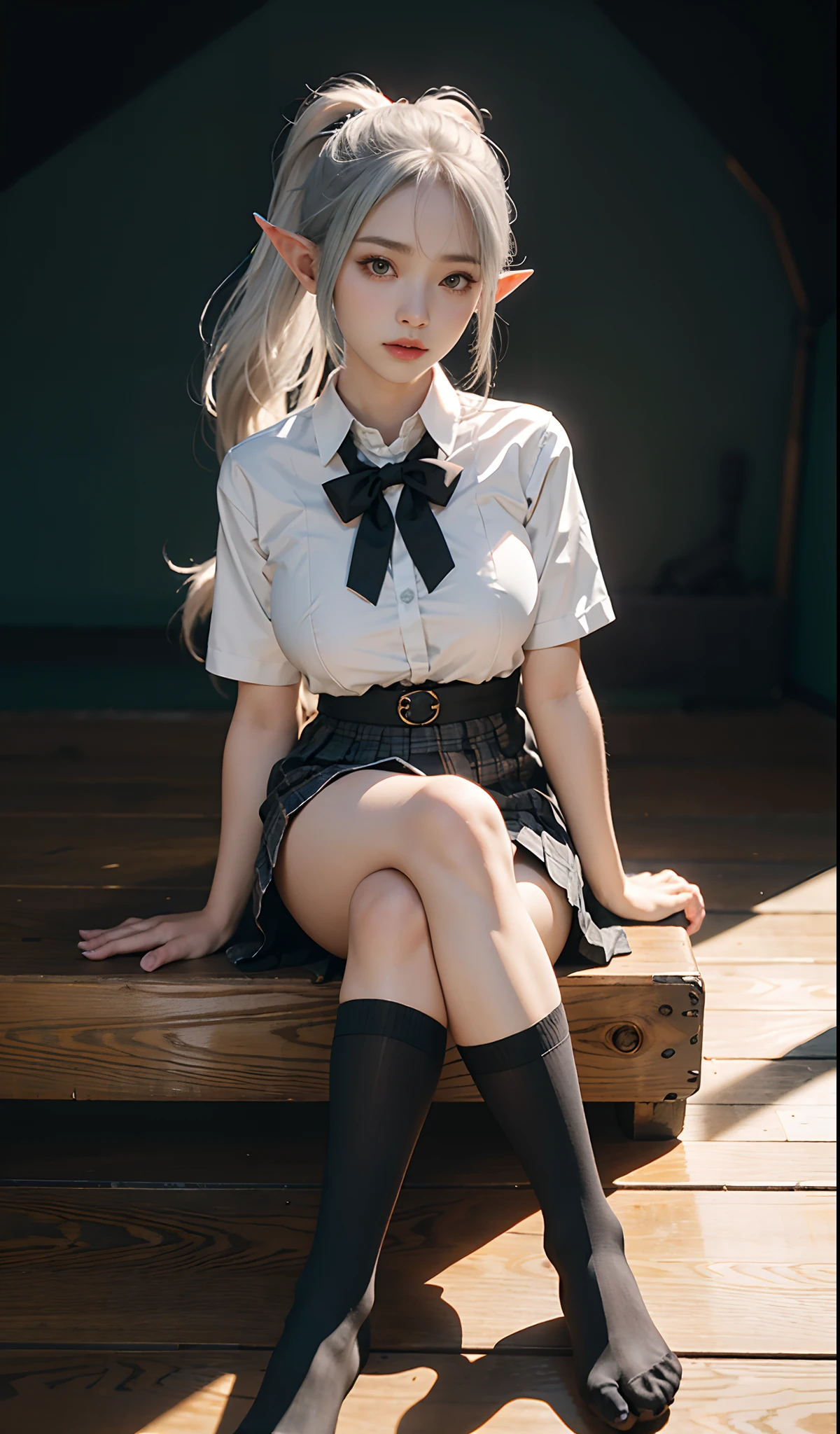 （Extremely normal body）Japanese-style town：1 Elf beauty，JK school uniform，(Elf long ears)，Short silver-white hair，Half-tied ponytail。Uniform for female high school students)，Short plaid skirt，Stretch your feet，Black short stockings，Black socks, Black socks，Translucent black socks，Jade foot，soles of feet，Normal feet ， very detailed eyes and faces， Sharp pupils， realistic pupil， tack sharp focus， cinmatic lighting，full bodyesbian，Bigboobs，long leges，From the front side，dynamicposes，Normal posture，closeup of face