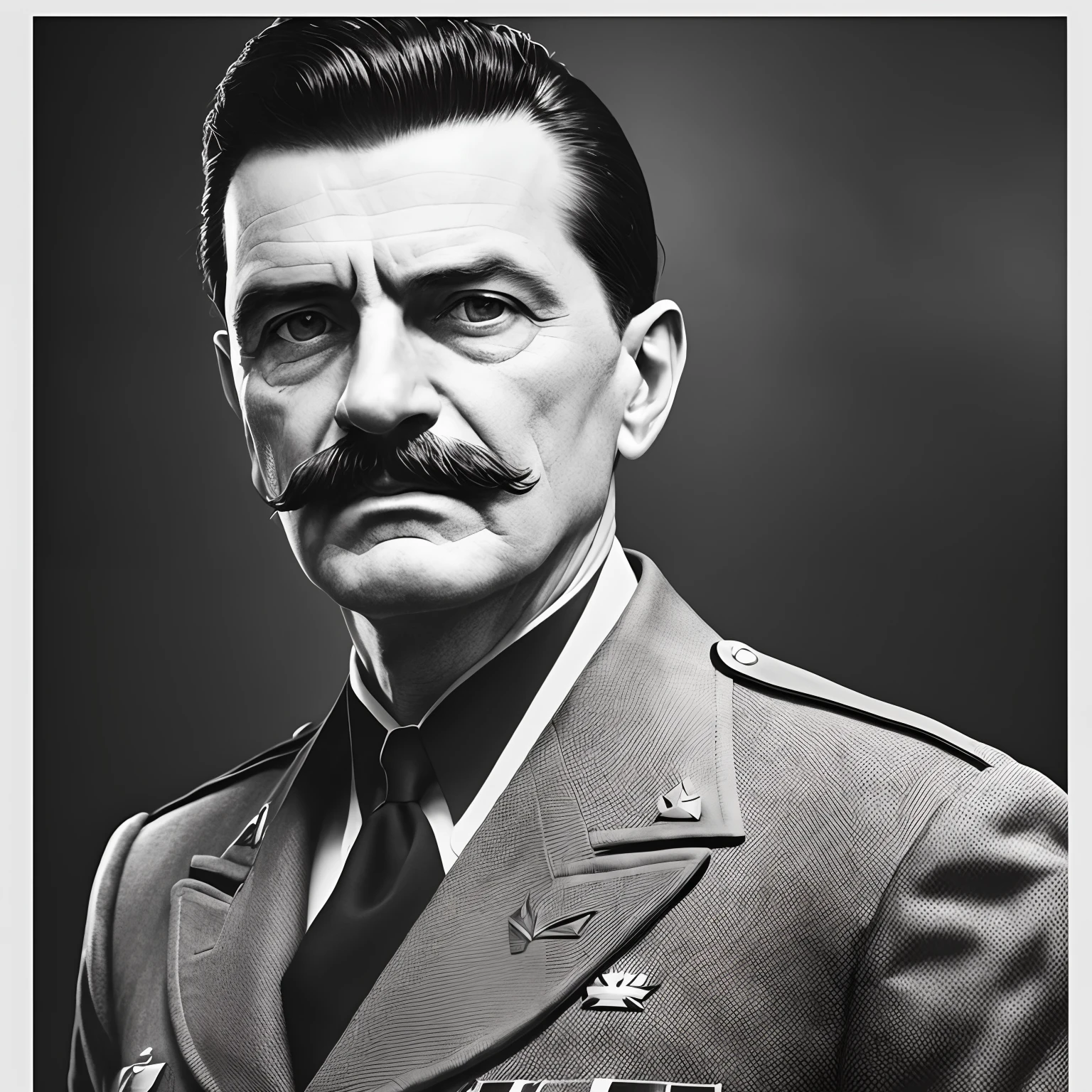 An aging 65-year-old slavic dictator captured in a 1990 photograph, sporting black hair and a mustache, clad in a black military uniform posing at a military event in a classic building. (best quality,4k,8k,highres,masterpiece:1.2), ultra-detailed, (realistic,photorealistic,photo-realistic:1.37), vintage filter, historical portrait, dynamic lighting, intense contrast, subtle sepia tone, prominent facial expressions, detailed uniform insignia, sharp focus, professional, vivid colors, a hint of mystery.