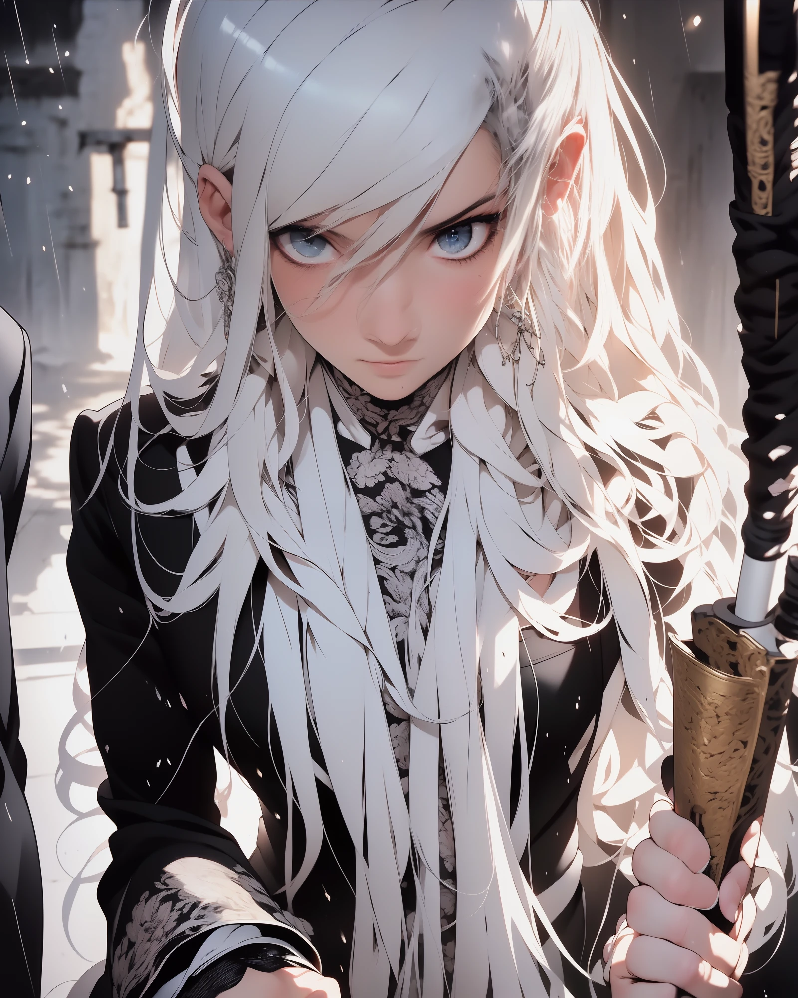 Masterpiece, best quality, night, outdoors, rainy days, branches, Chinese style, ancient China, 1 woman, mature woman, silver white long haired woman, gray blue eyes, light pink lips, cold, serious, weak, bangs, assassins, short knives, white clothes, black clothing patterns, blood stains, blood, injuries, blood on the face, blood on the clothes, rain, fine face, fine face,