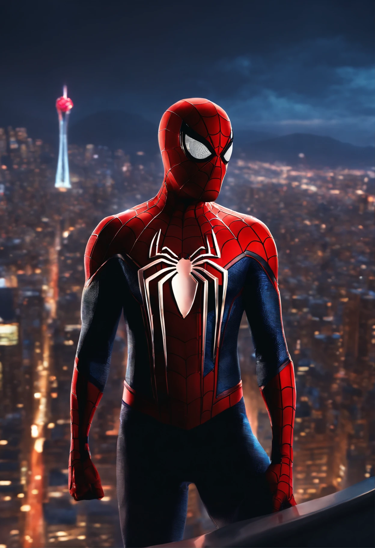 Spider - Man in a suit standing on a roof with a cyberpunk city in the background, Bustling with neon signs, Pedro Lucia, Homem-Aranha, aranha - homem, Retrato do Homem-Aranha, hq 4k papel de parede, Aranha altamente detalhada - Man, peter parker como homem-aranha, Estilo futurista Homem-Aranha, 8k render", medium close - up ( Mcu ), Spiderman, Trending in ArtStation 4K, cg arte