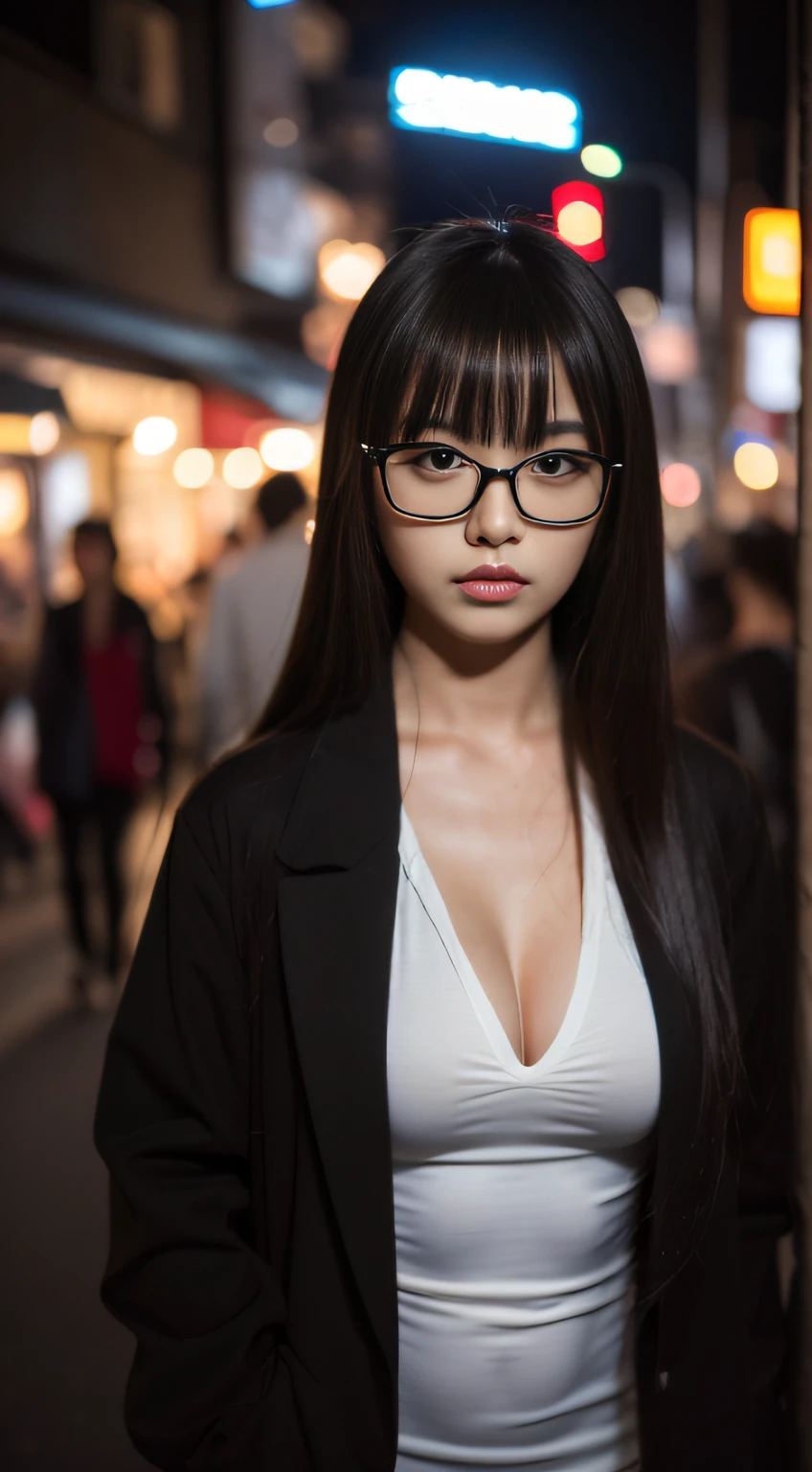 (wears glasses)、natta、take a walk、streetlights、nighttime scene、absolutely outstanding image, very extremely beautiful、masterpiece, top-quality,a picture, kawaii、(Colossal tits:1.2)、,8K,Japan girl realistic young idol、Young cute gravure idol、Young Sensual Gravure Idol、Young gravure idols、model in Japan